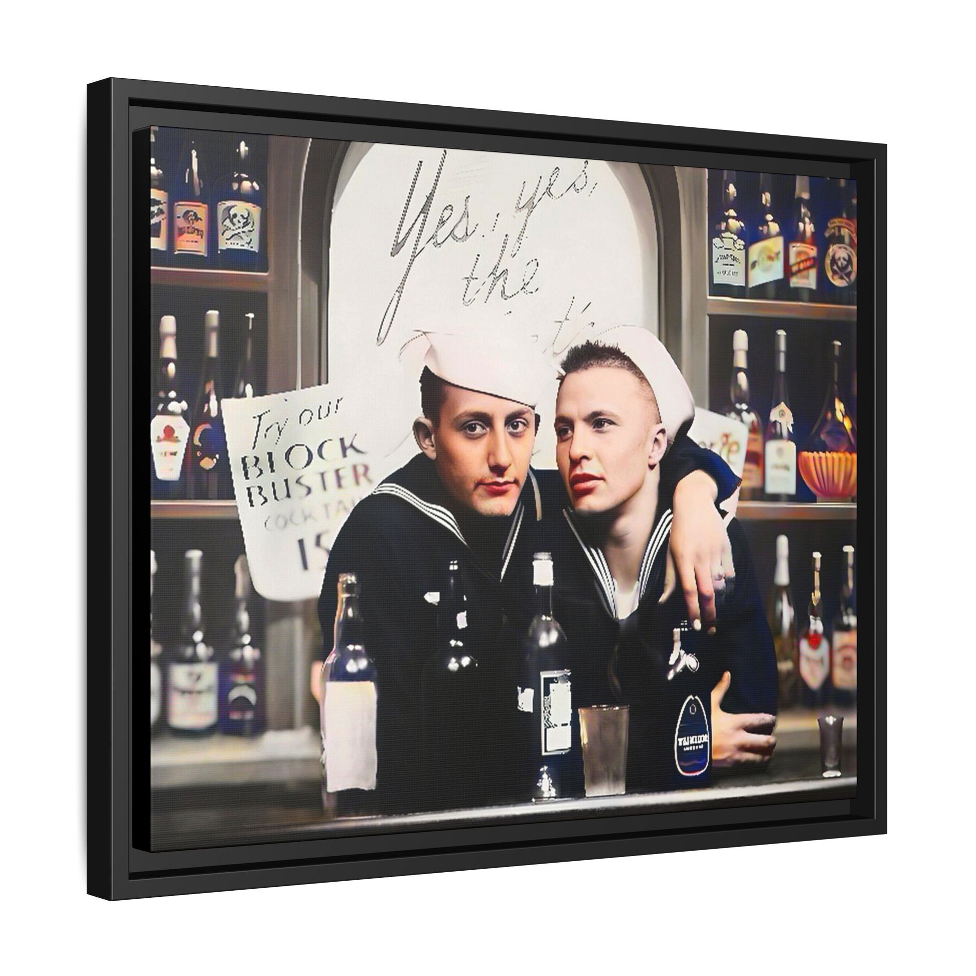 A restored vintage photo of Matt & Cory at Naval Air Station Alameda, CA. This framed matte canvas print captures camaraderie, LGBTQ+ history, and the spirit of military service, making it a unique and nostalgic keepsake for history lovers. Gay Couple Sailors