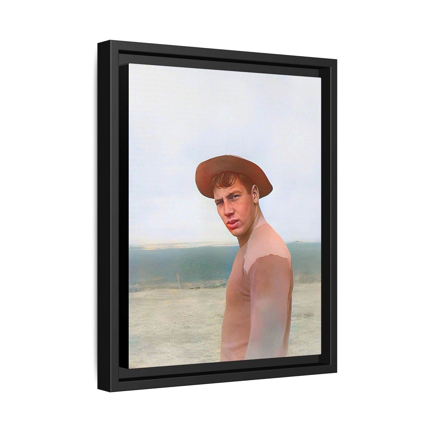 A framed vintage portrait on matte canvas featuring Victor at Cannon Beach, Oregon, capturing the rugged beauty of coastal life.