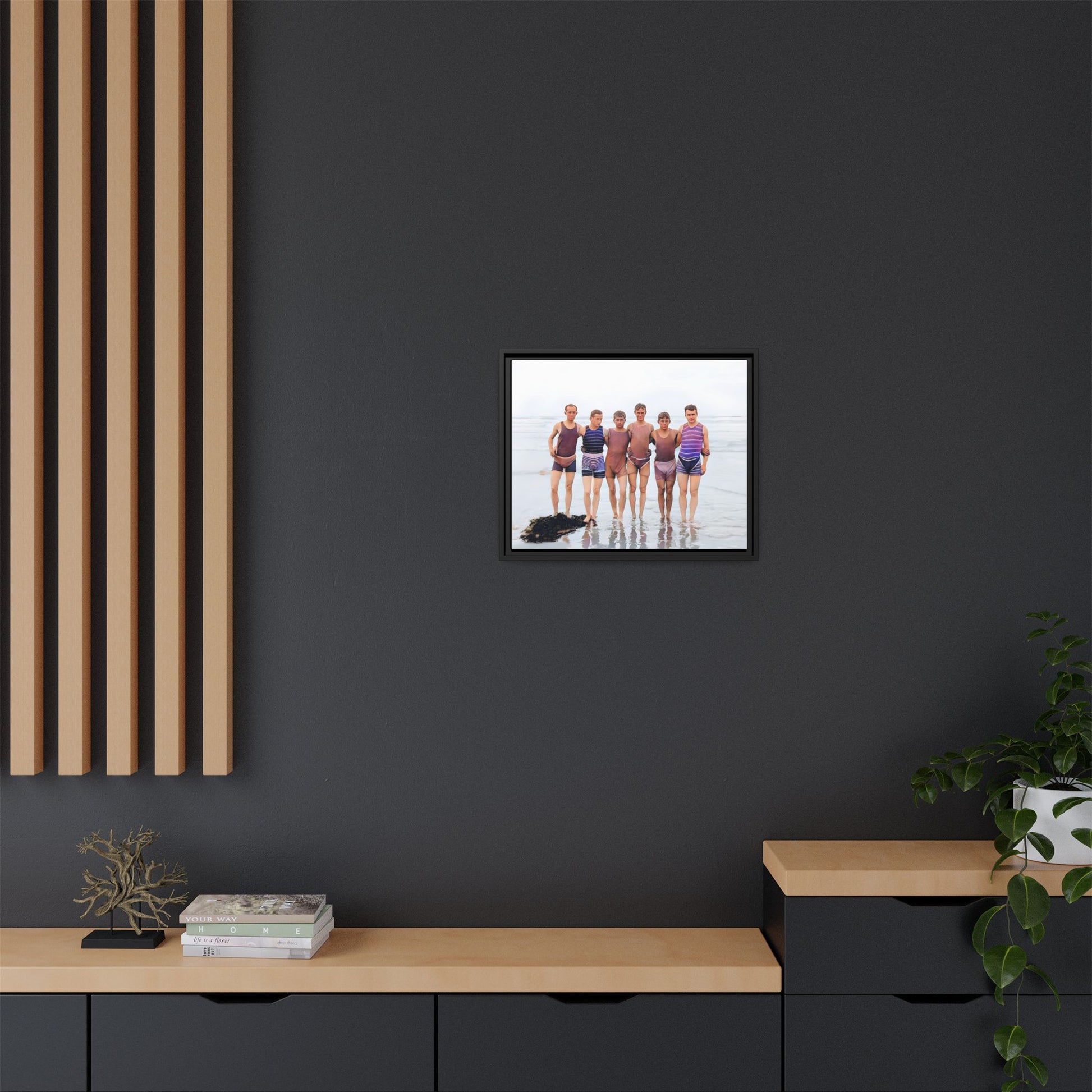A framed vintage beach portrait on matte canvas featuring a joyful group at Herring Cove Beach, Provincetown, capturing timeless summer camaraderie.