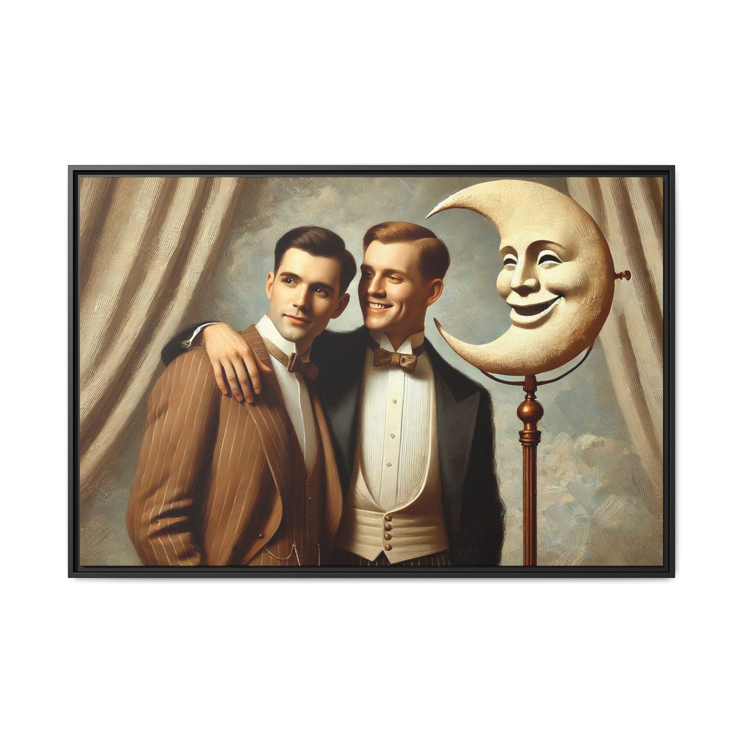 Framed matte canvas artwork of two men in vintage tuxedos standing beside a crescent moon prop. This piece reclaims LGBTQ+ representation lost to bias and honors everyday moments of affection and connection once absent from historical archives.