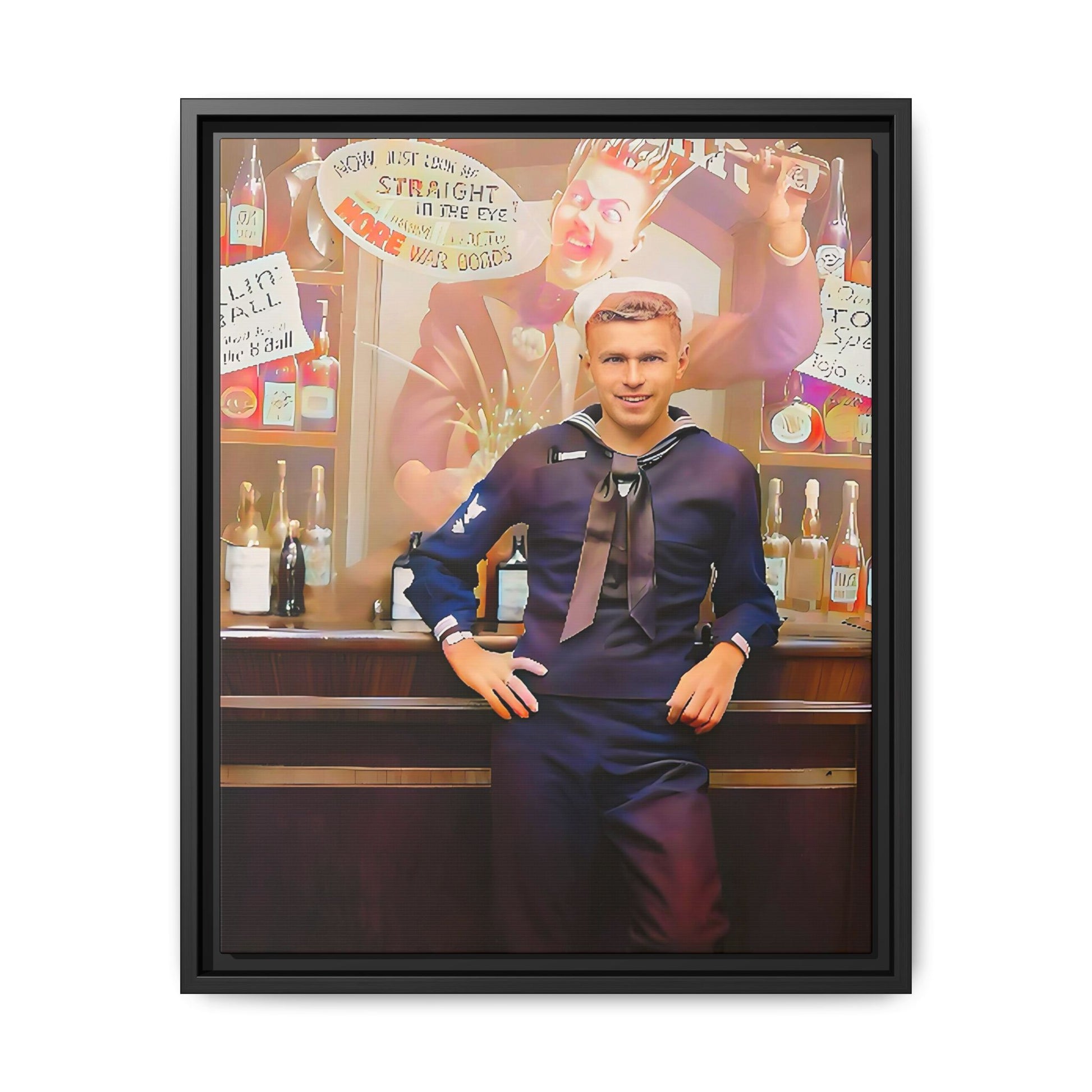 A restored WWII-era portrait of Charles at Brooklyn Navy Yard, New York. This framed matte canvas print captures the resilience and camaraderie of wartime sailors, featuring vintage war bond advertisements and classic Navy charm.