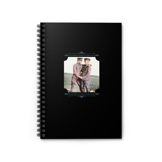 Spiral notebook featuring a restored vintage photo of two soldiers in uniform sharing an affectionate moment in a field