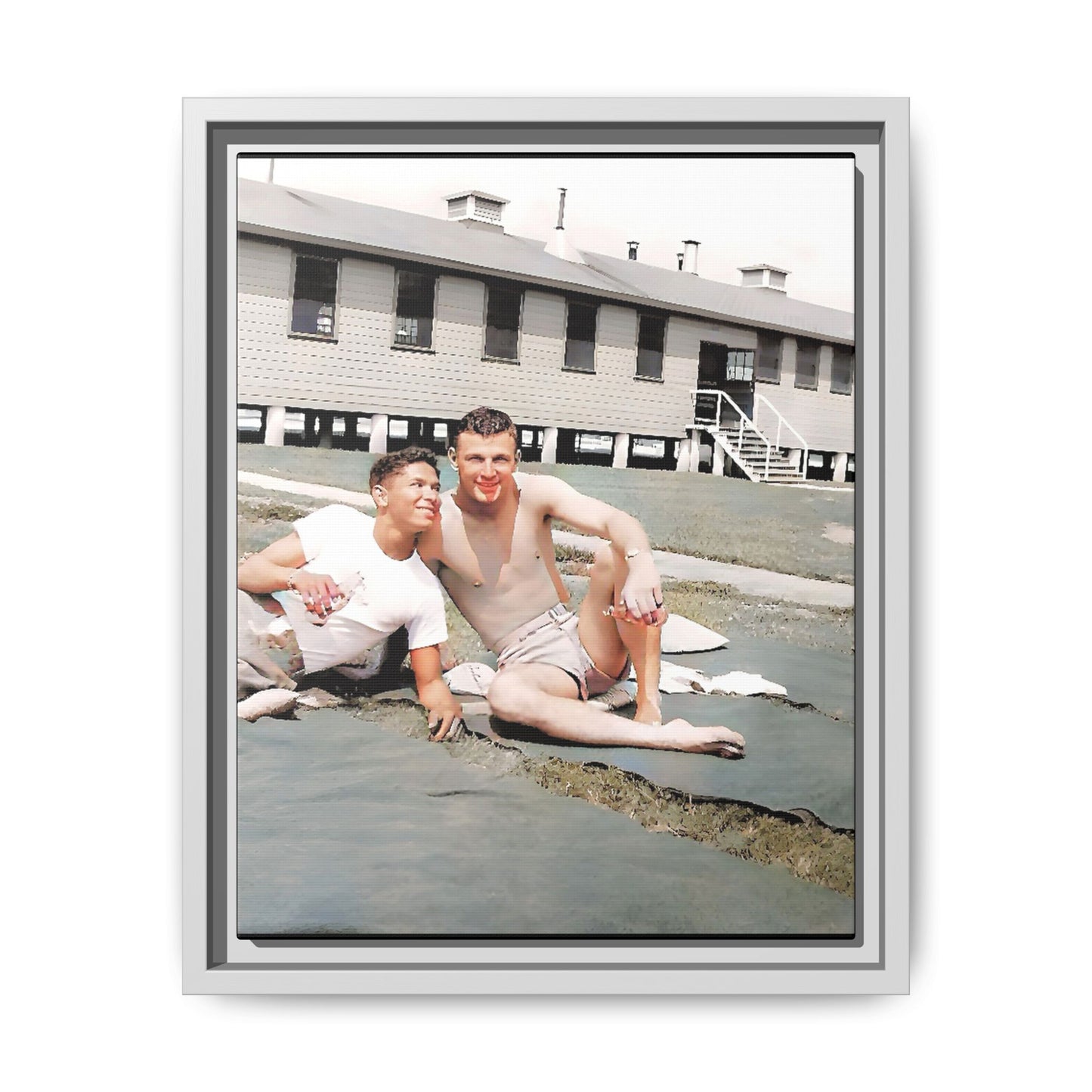 A framed vintage military portrait on matte canvas featuring Wayne and Jerry at Camp Blanding, Florida, capturing a timeless LGBTQ+ connection and companionship.
Gay Couple