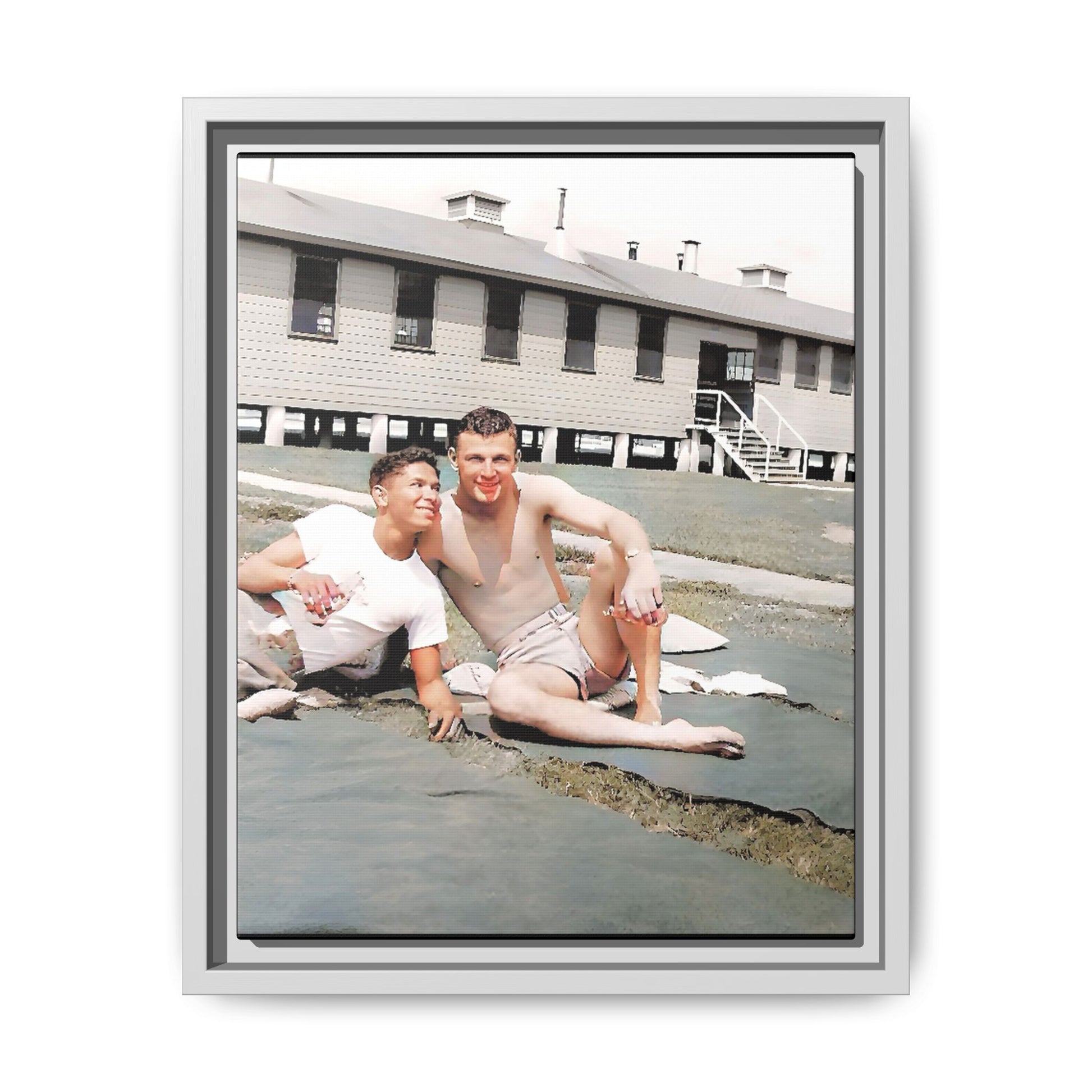 A framed vintage military portrait on matte canvas featuring Wayne and Jerry at Camp Blanding, Florida, capturing a timeless LGBTQ+ connection and companionship.
Gay Couple