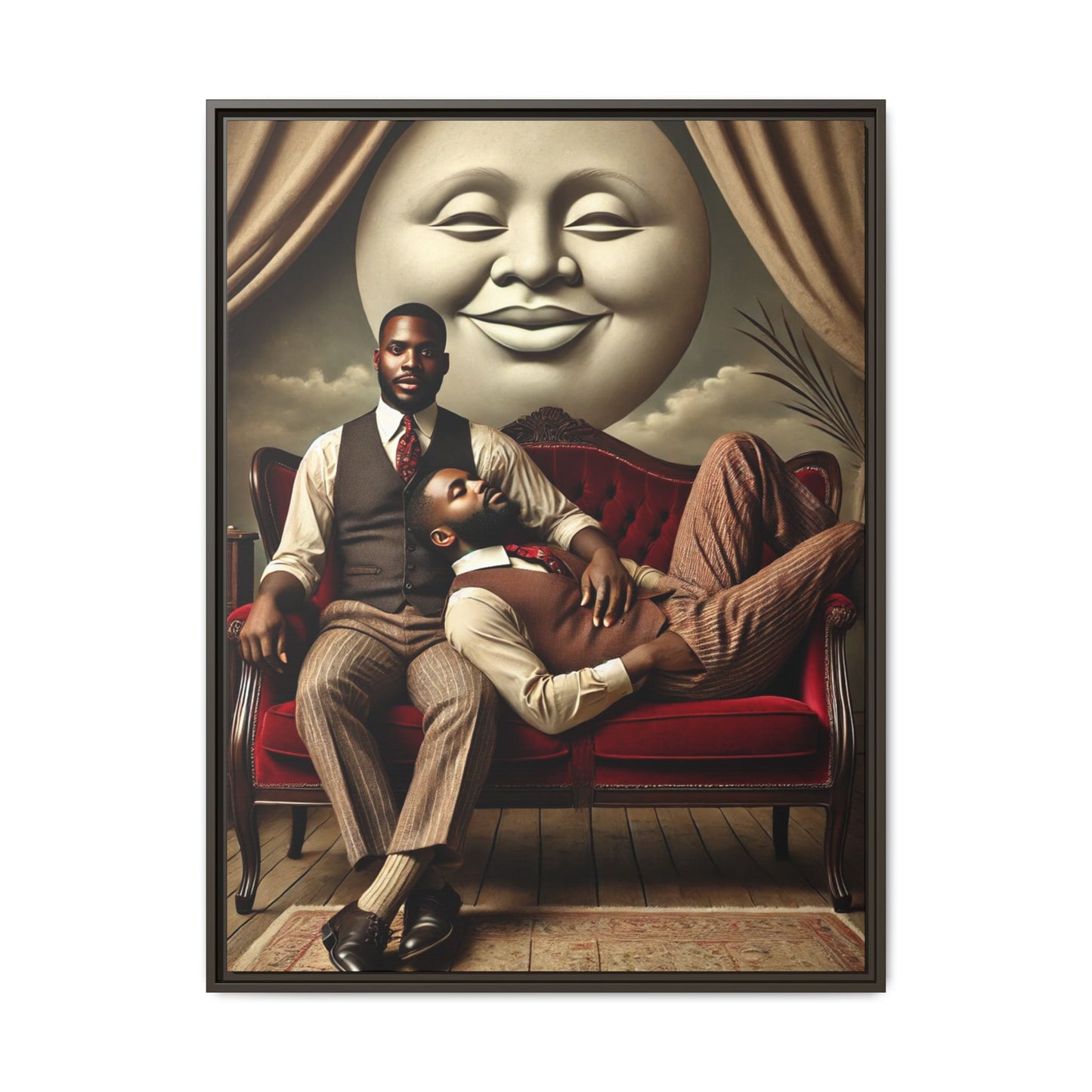 Vintage-style artwork of two Black men in 1920s clothing sitting and reclining together on a red velvet couch beneath a smiling full moon. The scene reclaims queer Black history and affection once lost to bias and invisibility.
