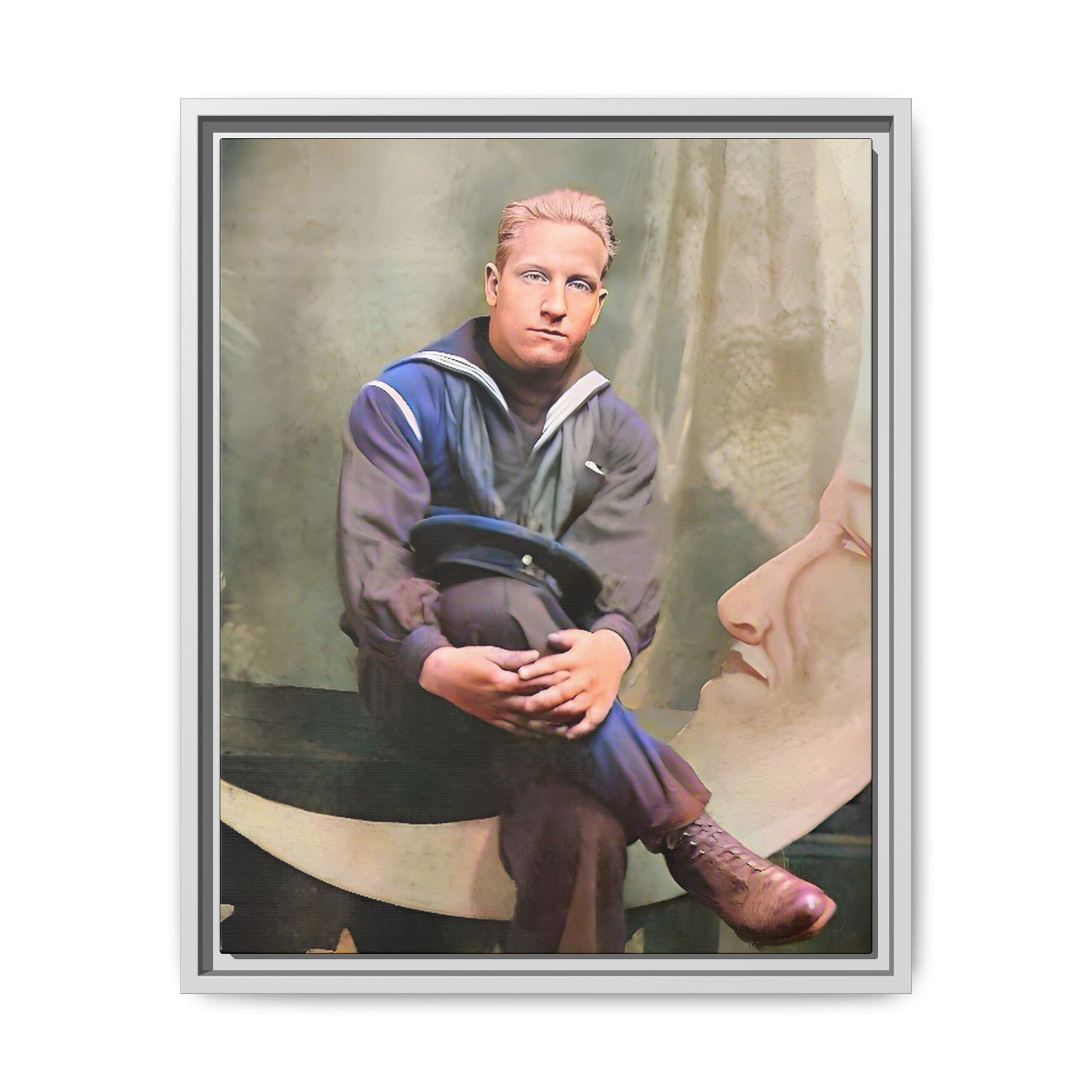 A vintage U.S. Navy sailor portrait featuring Jacob in uniform with a crescent moon backdrop. This framed matte canvas print is a timeless tribute to naval service, ideal for military history collectors, veterans, and nautical decor lovers. Art Deco Paper Moon Prop