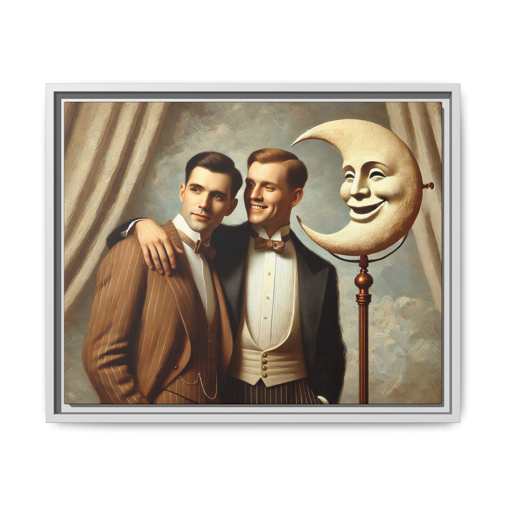 Framed matte canvas artwork of two men in vintage tuxedos standing beside a crescent moon prop. This piece reclaims LGBTQ+ representation lost to bias and honors everyday moments of affection and connection once absent from historical archives.