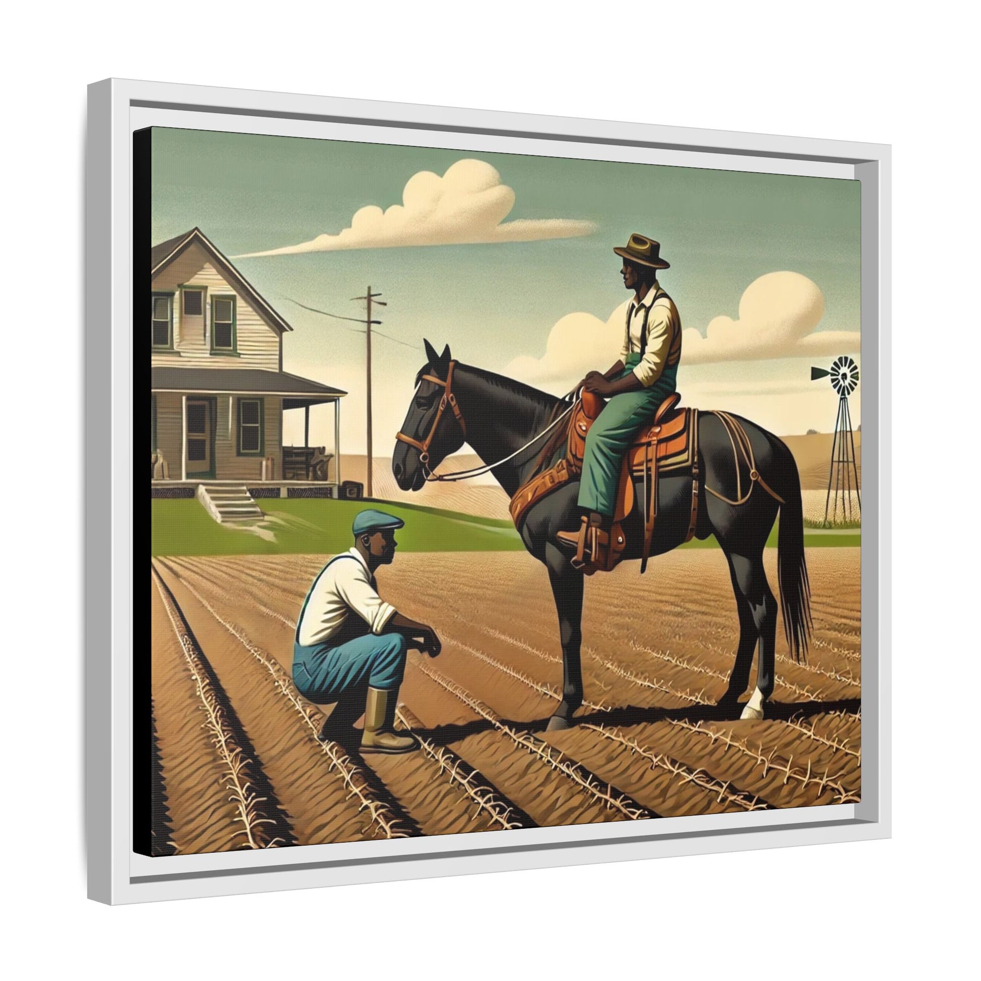 Artwork of an African American queer couple working together on a farm in a serene, vintage-inspired landscape. One man sits on horseback, gazing warmly at his partner, who examines the soil, symbolizing their partnership in both love and labor. The scene captures resilience, companionship, and the beauty of rural life.