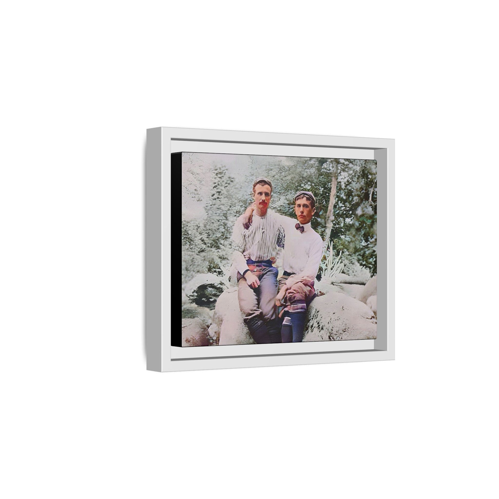 A framed vintage love portrait on matte canvas featuring Grover and Emil in Villamont, Virginia, capturing timeless LGBTQ+ connection and companionship. Gay Couple