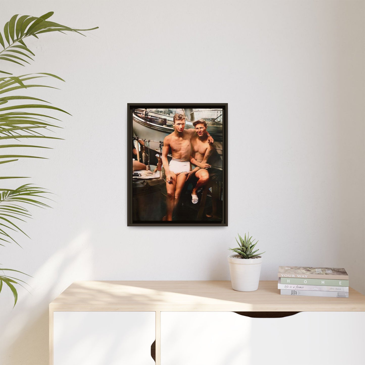 A framed vintage nautical portrait on matte canvas featuring Richard and Joey in Gulf Shores, Alabama, capturing timeless LGBTQ+ connection and coastal charm. Gay Couple