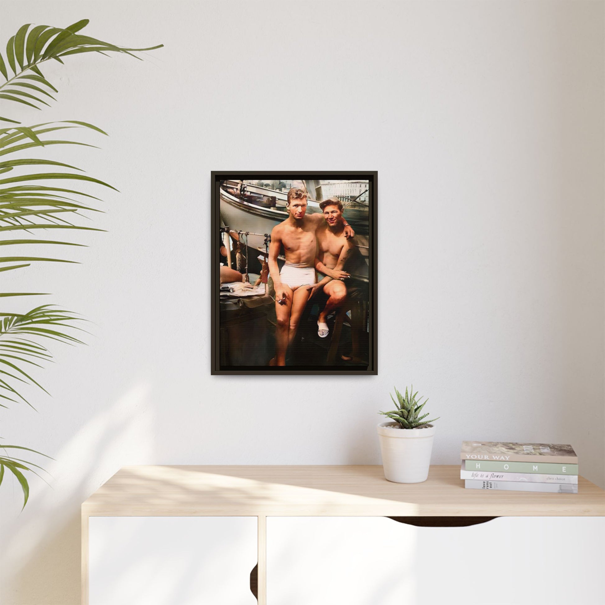 A framed vintage nautical portrait on matte canvas featuring Richard and Joey in Gulf Shores, Alabama, capturing timeless LGBTQ+ connection and coastal charm. Gay Couple