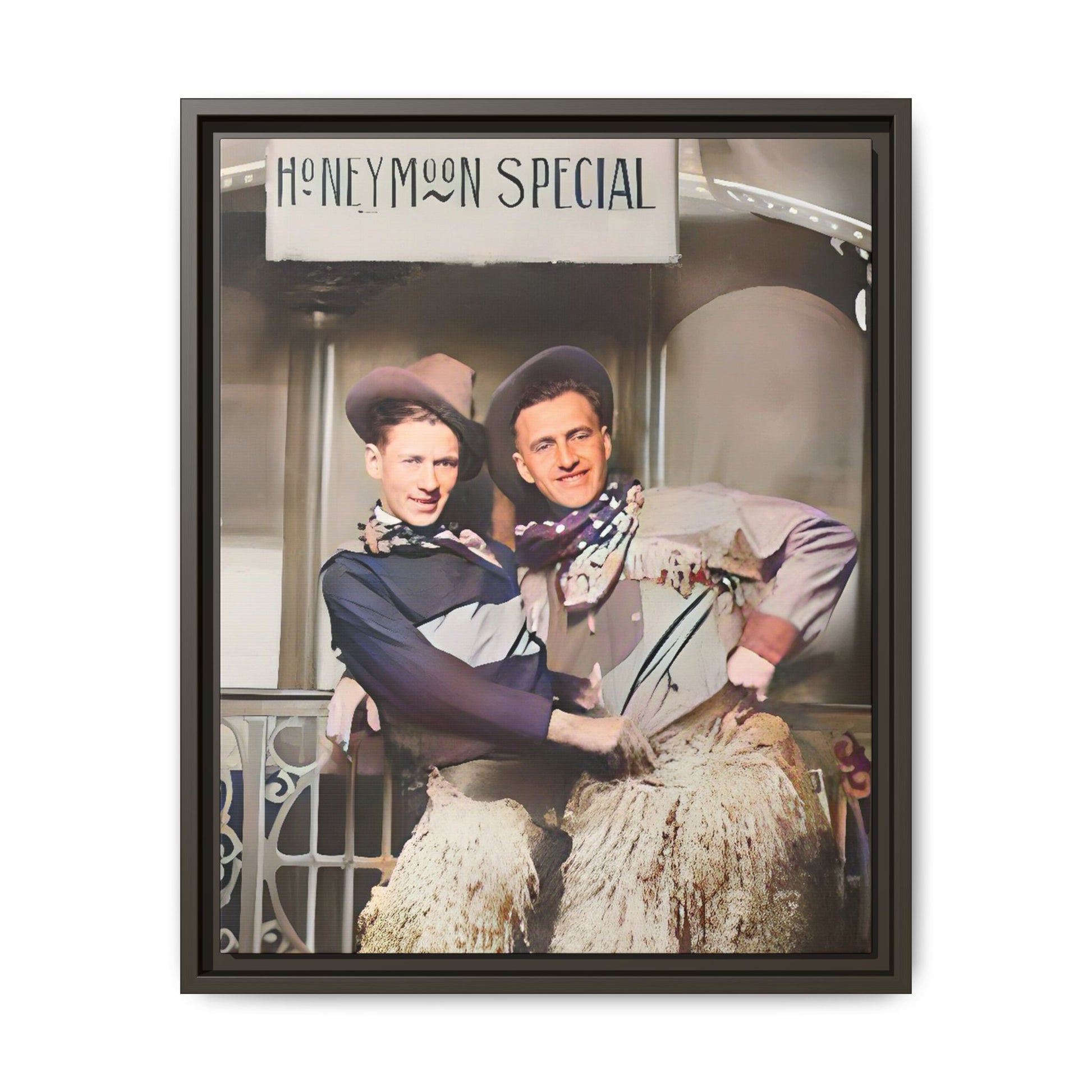 Vintage portrait of Harry & Earl in whimsical cowboy attire under the "Honeymoon Special" sign, set in 1920s San Antonio. Framed matte canvas art celebrating LGBTQ+ love and rustic Americana charm. Perfect for history enthusiasts and rustic decor lovers. Gay Marriage Wedding Gift