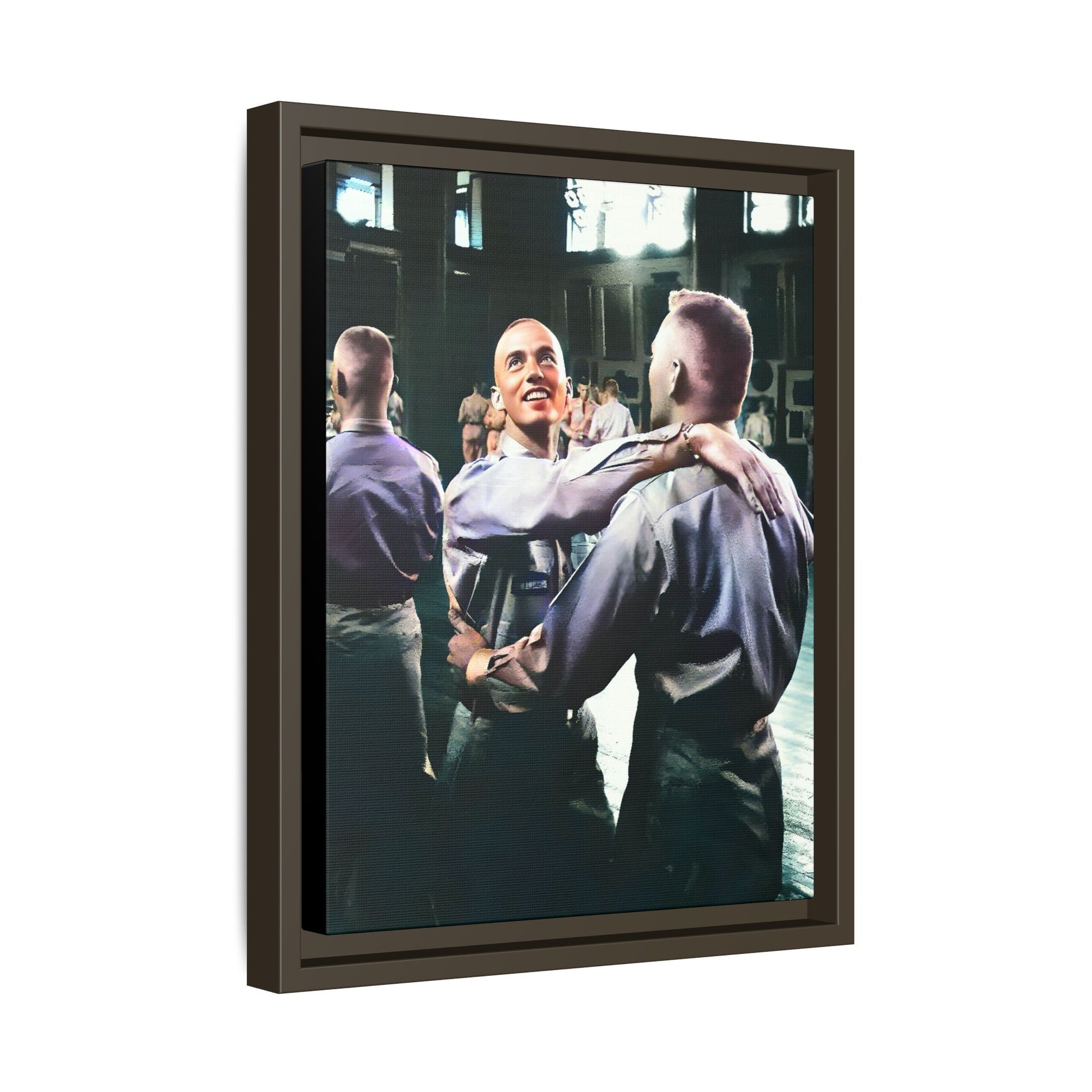 Restored mid-20th century photo of two men dancing at a USO event in Fort Belvoir, celebrating LGBTQ+ love and resilience, framed as wall décor Gay Couple