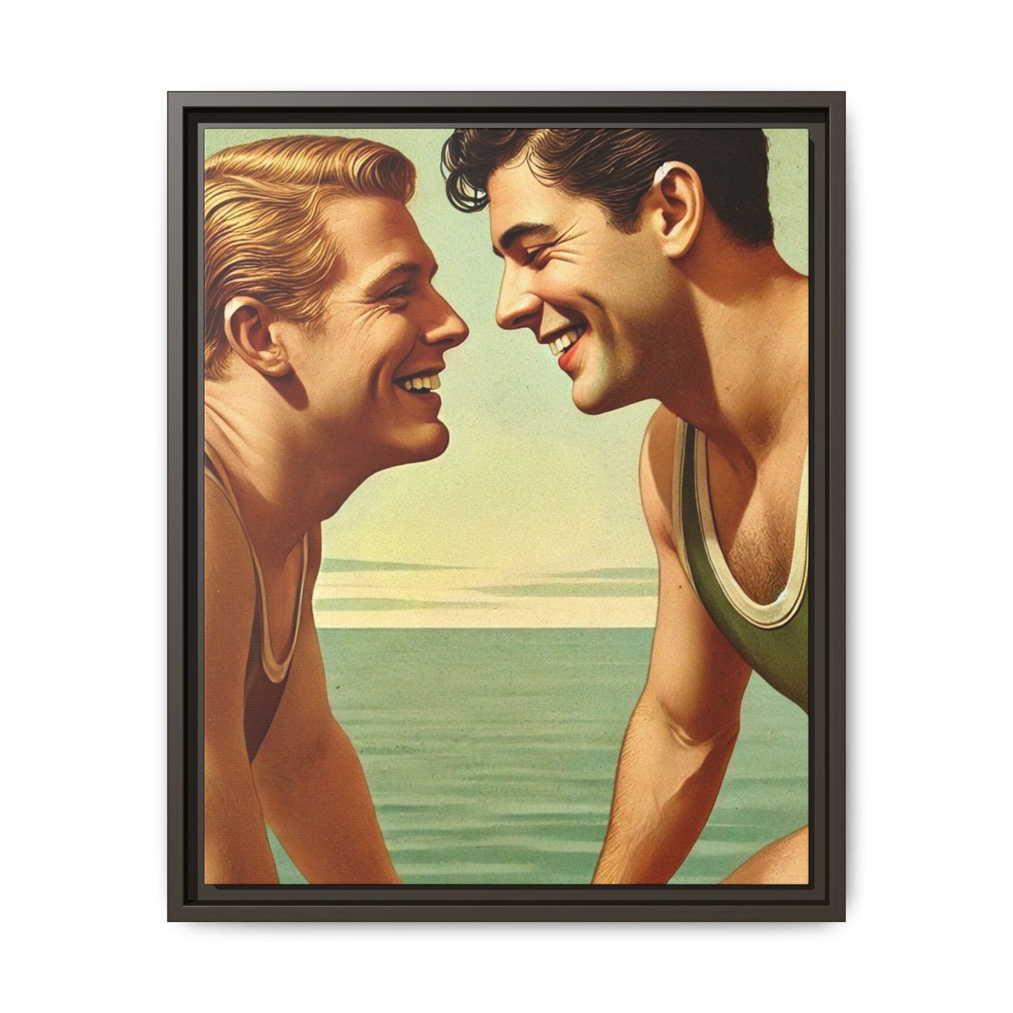 Vintage-style artwork of a joyful 1930s moment between a gay couple by the lake, dressed in classic swimwear and sharing warm smiles. Set on a serene wooden dock, this piece captures love, companionship, and LGBTQ+ history in an idyllic, nostalgic summer setting.