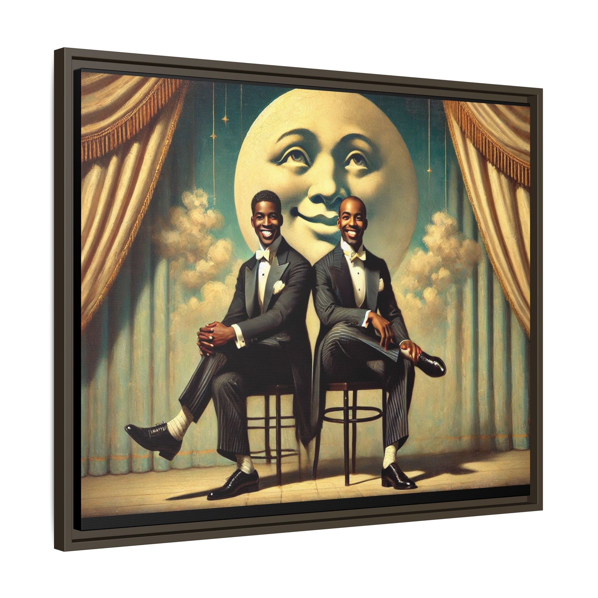 Framed vintage-style portrait of two Black men in tuxedos seated under a smiling crescent moon prop with golden curtains and cloud backdrop. This restored matte canvas honors lost LGBTQ history and reclaims early 20th-century queer representation with pride.