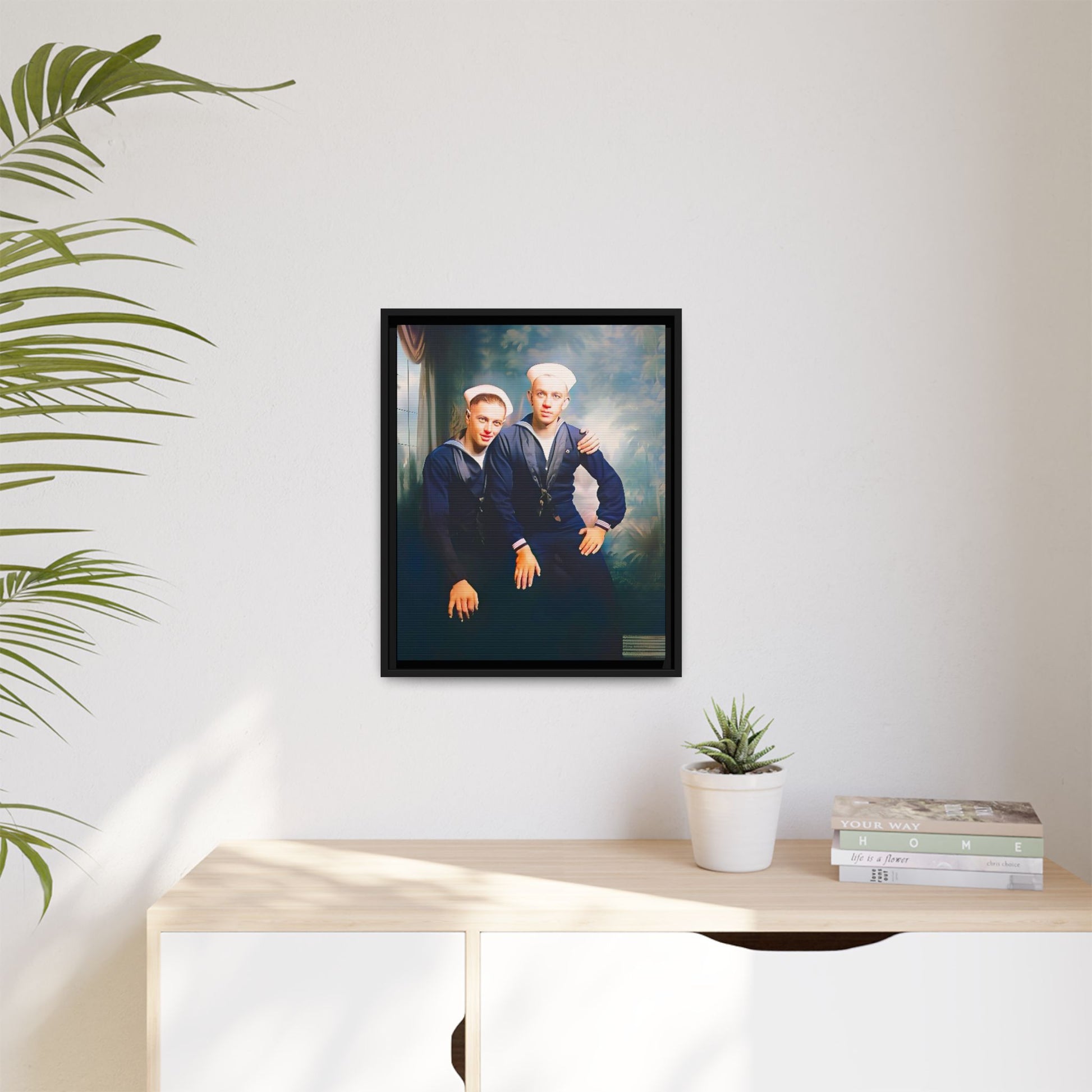 A restored vintage naval portrait of Thomas & Ervin at Naval Station Newport, Rhode Island. This framed matte canvas honors LGBTQ+ history, military service, and timeless camaraderie. Gay Couple