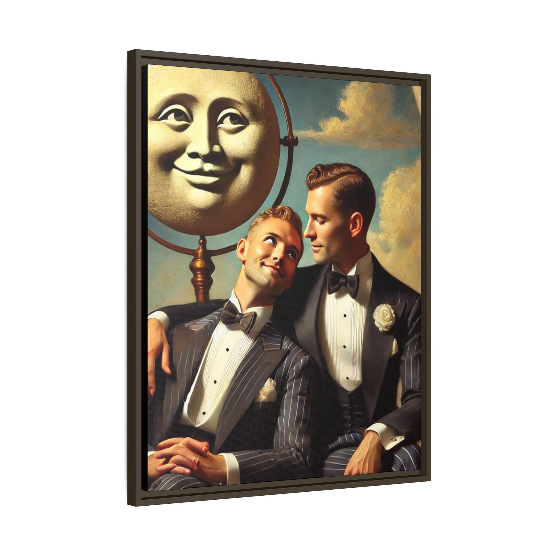 Framed matte canvas portrait featuring two young men in vintage overalls with a crescent moon prop above them. This artwork from the Missing Art Studies series reclaims LGBTQ+ imagery that may have been lost to bias, presenting warmth, intimacy, and presence.
