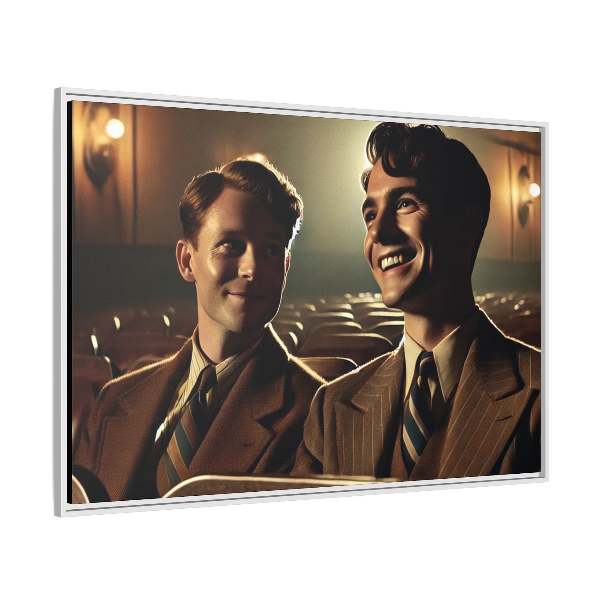 Vintage-style photo of two young men sharing an intimate moment on a date in a 1930s movie theater. Dressed in classic pinstripe suits, their smiles and close connection evoke the warmth and charm of the era, celebrating LGBTQ+ history and timeless romance.