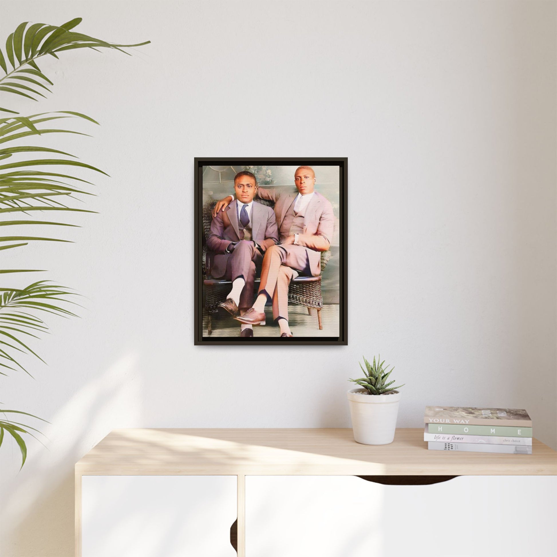 Restored vintage portrait of Walter & George, an African American gay couple seated in Birmingham AL, framed canvas art. Gay Juneteenth Black Love History Month