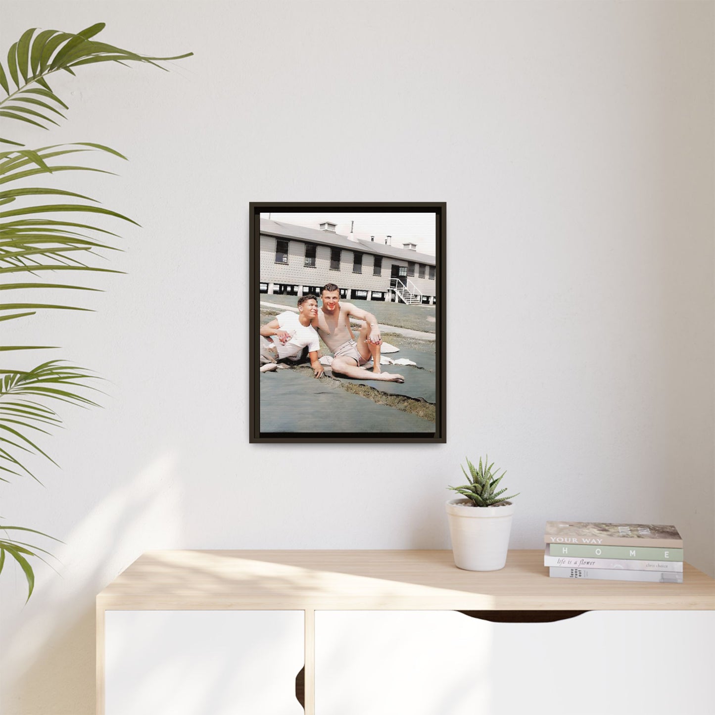A framed vintage military portrait on matte canvas featuring Wayne and Jerry at Camp Blanding, Florida, capturing a timeless LGBTQ+ connection and companionship.
Gay Couple