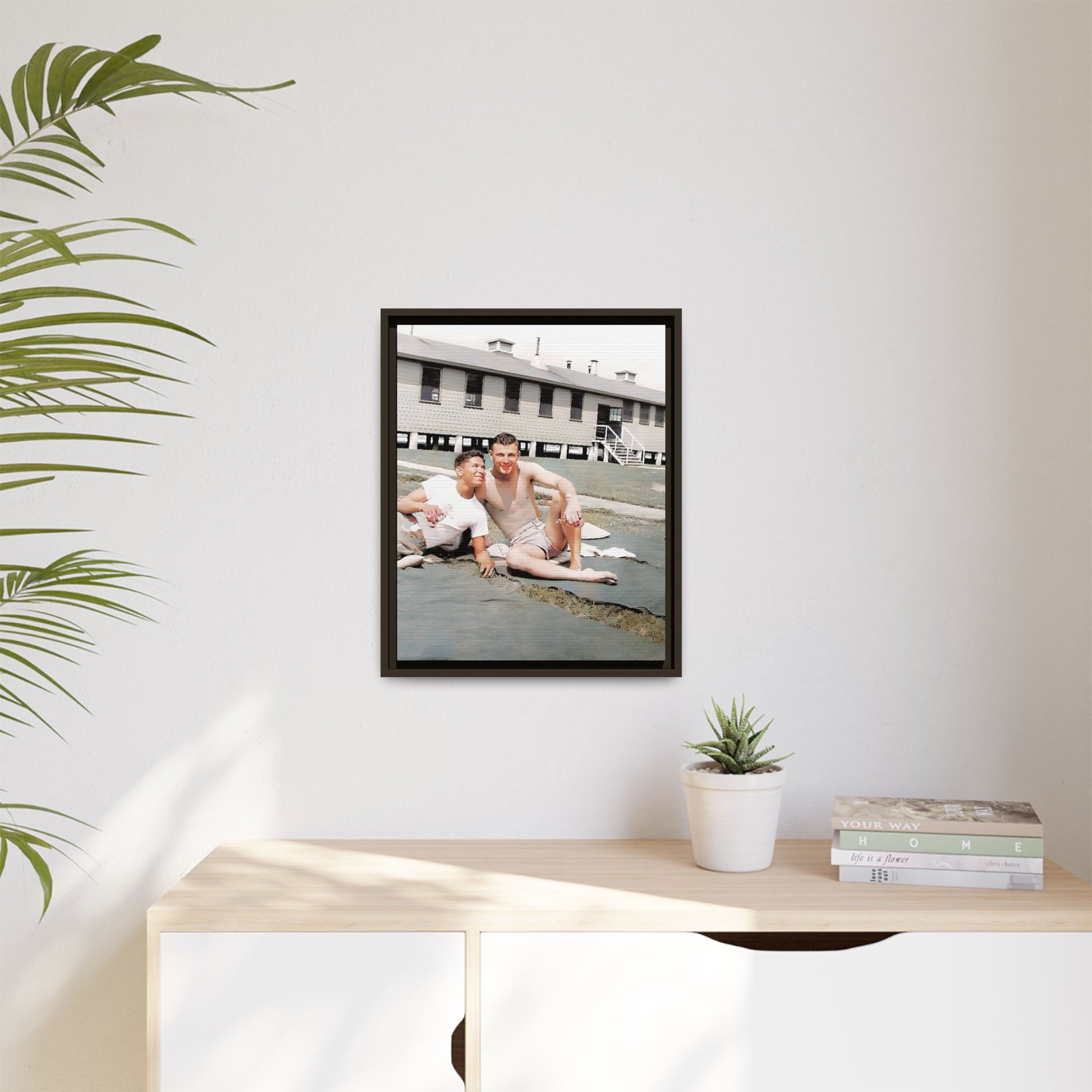 A framed vintage military portrait on matte canvas featuring Wayne and Jerry at Camp Blanding, Florida, capturing a timeless LGBTQ+ connection and companionship.
Gay Couple