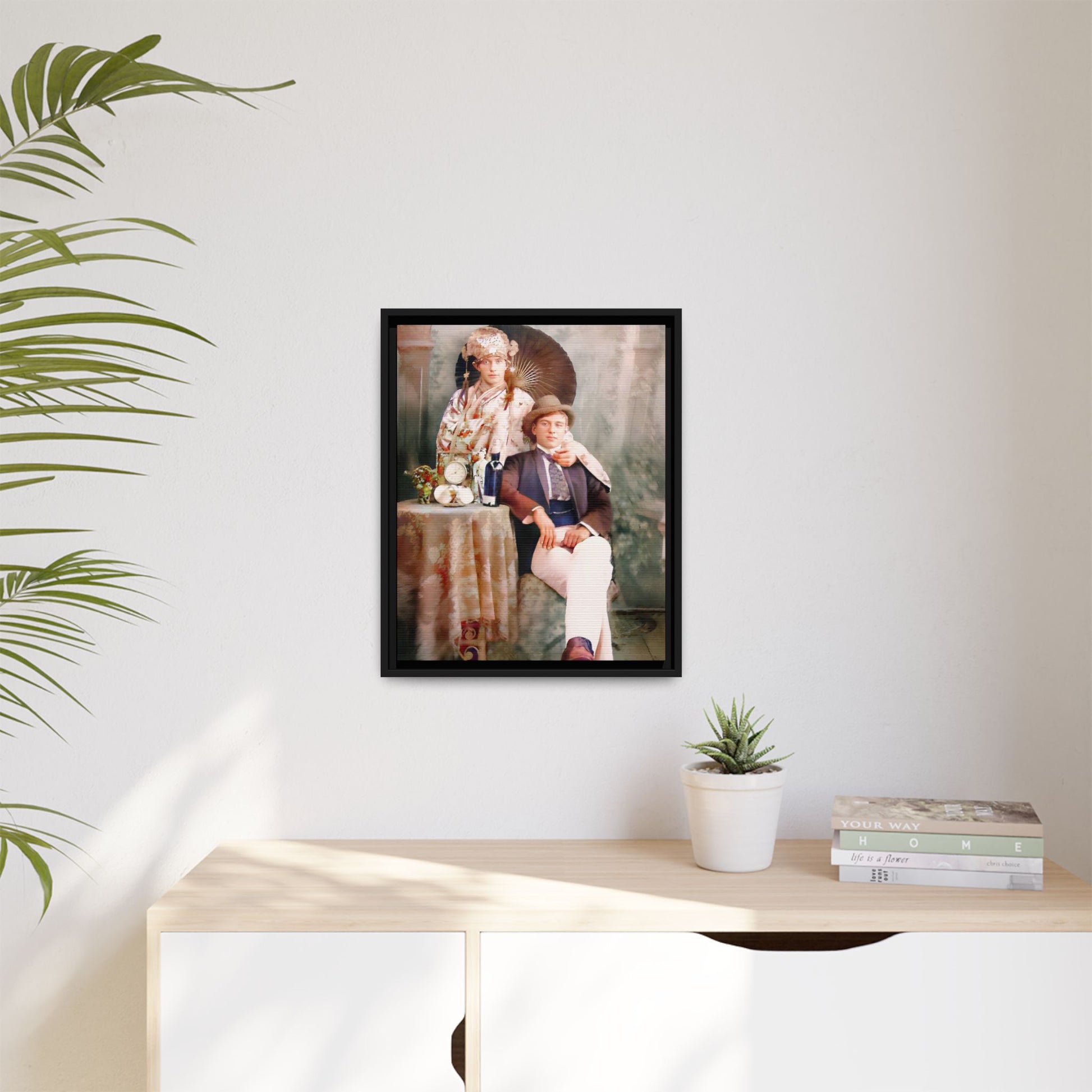 Restored early 1900s vintage photo from Mystic Memphi Carnival in Memphis, Tennessee, featuring elegance and creativity. Framed matte canvas art celebrating individuality and historical charm.  Gay Couple