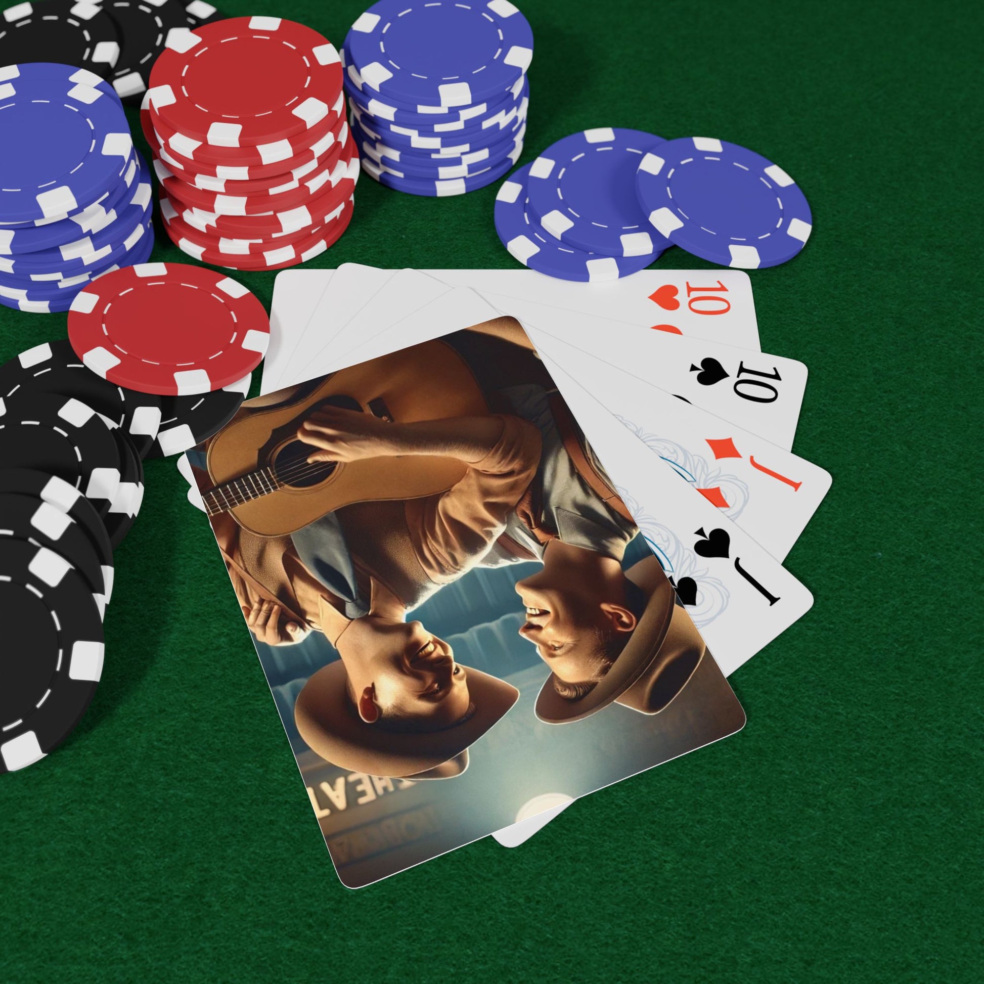 Vintage-style poker deck featuring two country musicians in cowboy hats and tailored vests, sharing a stage and a love story through music