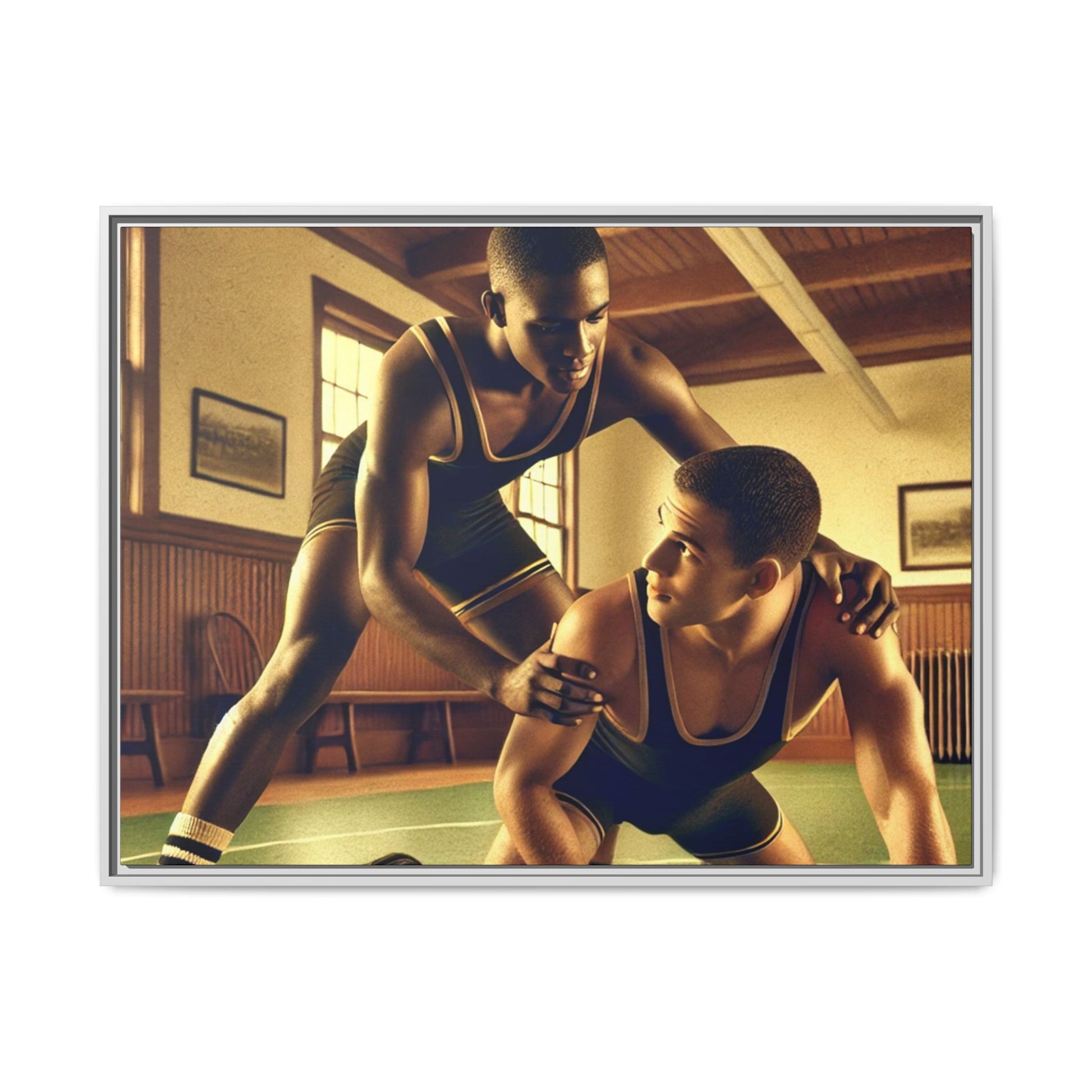 Framed canvas artwork inspired by Grant Wood featuring African-American and European-American wrestlers in a vintage gymnasium. A tribute to unity, diversity, and regionalist art.