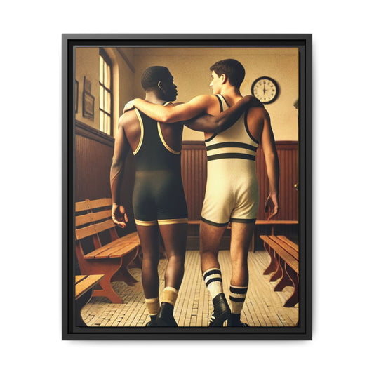 Vintage-style portrait of two young male wrestlers walking arm-in-arm down a tiled locker room hallway. One is Black and wearing a dark singlet with gold trim, the other is white and dressed in a cream singlet with green stripes. Their embrace is casual yet intimate, capturing a tender moment of camaraderie and quiet affection. Grant Wood tribute.
