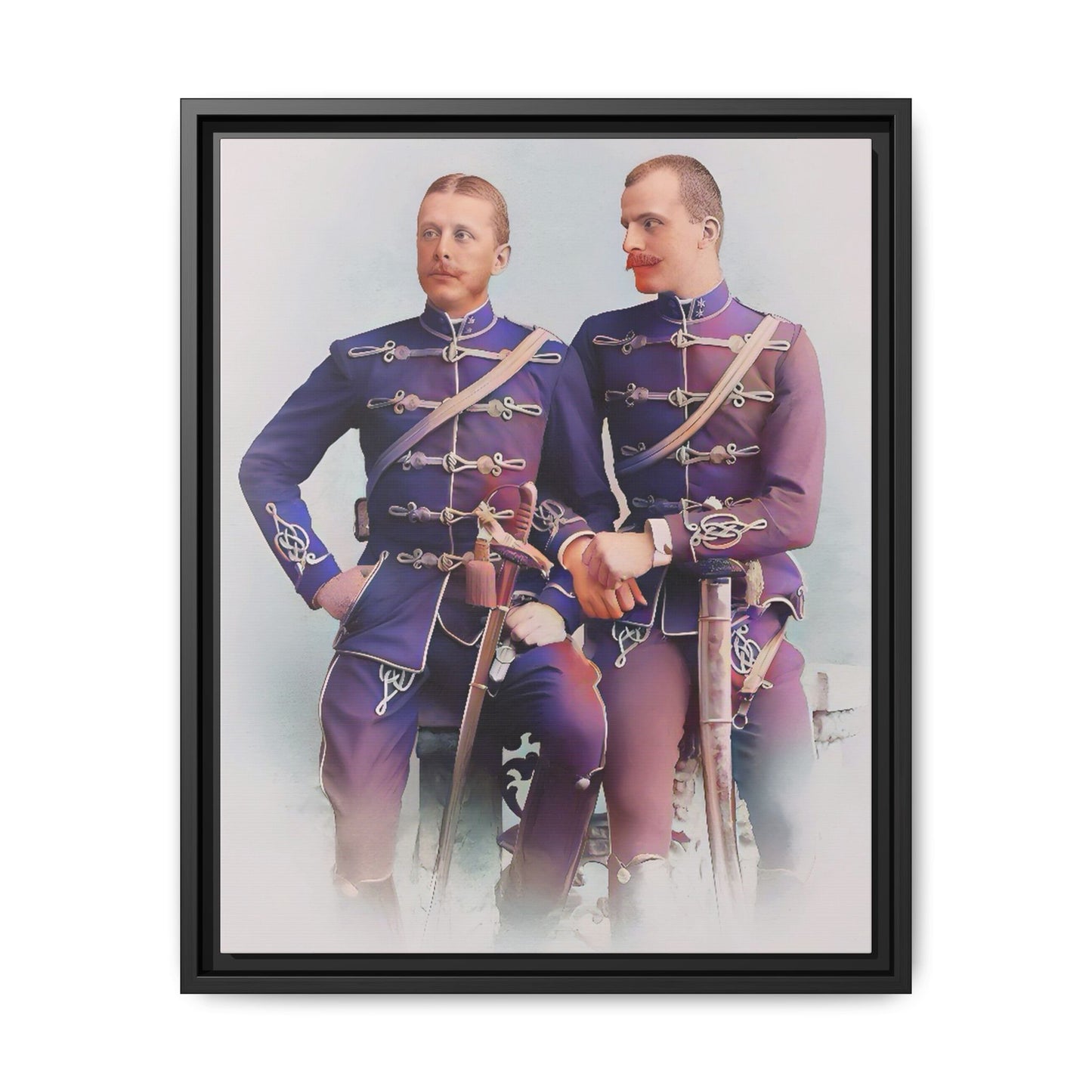 A restored vintage military portrait of Nicolae & Valeriu, elegantly framed to honor LGBTQ+ history and love.