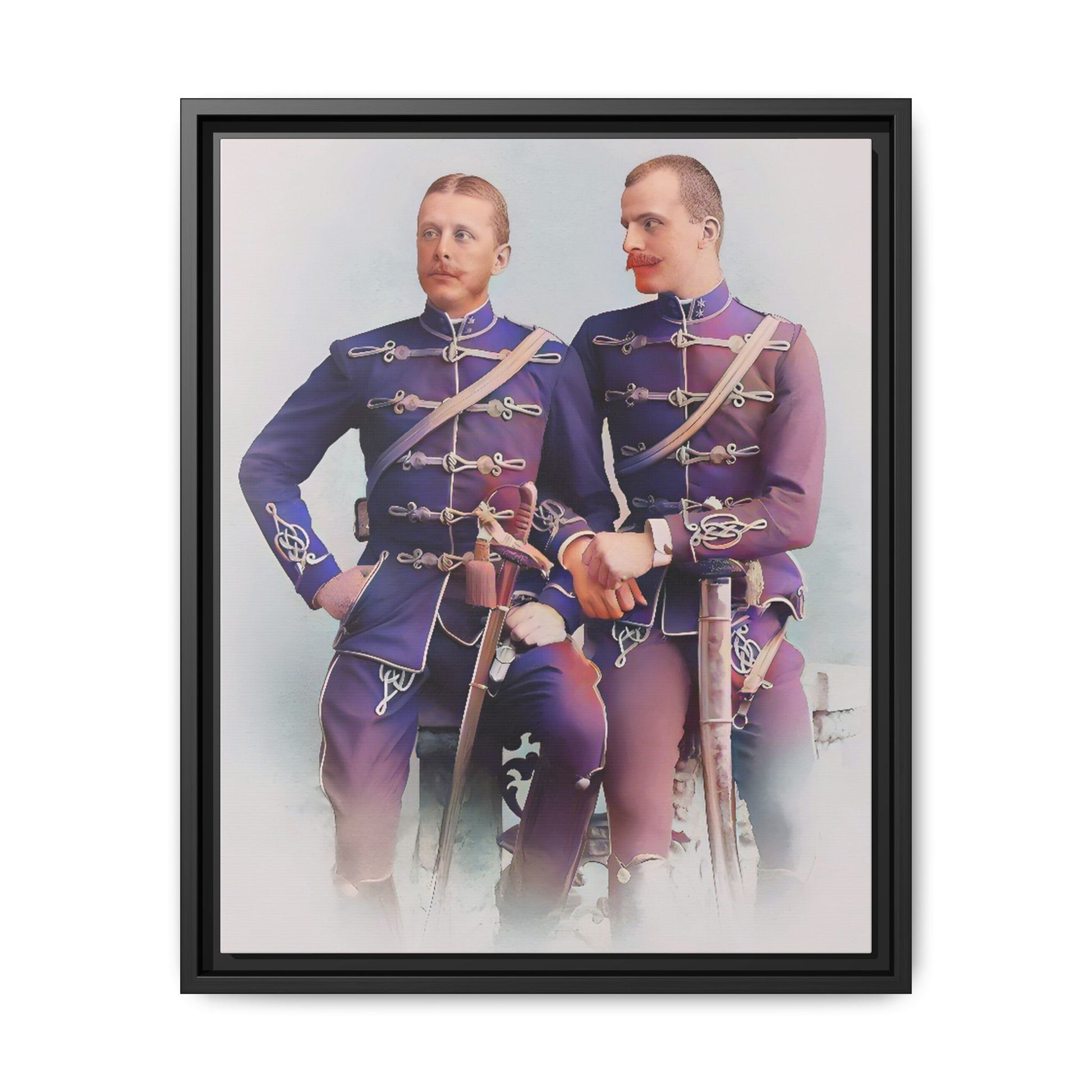 A restored vintage military portrait of Nicolae & Valeriu, elegantly framed to honor LGBTQ+ history and love.
