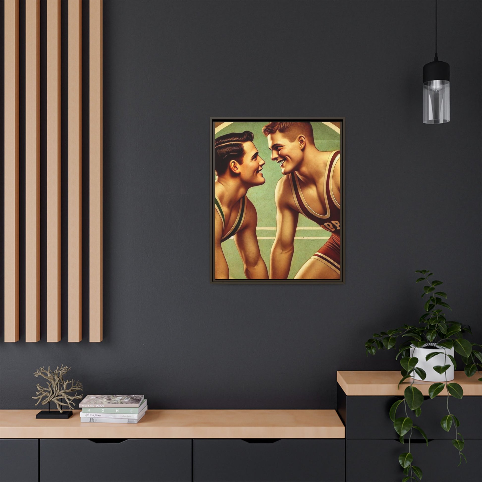 Framed artwork of two young wrestlers in vintage singlets on a stylized mat, inspired by Grant Wood's nostalgic Americana style.