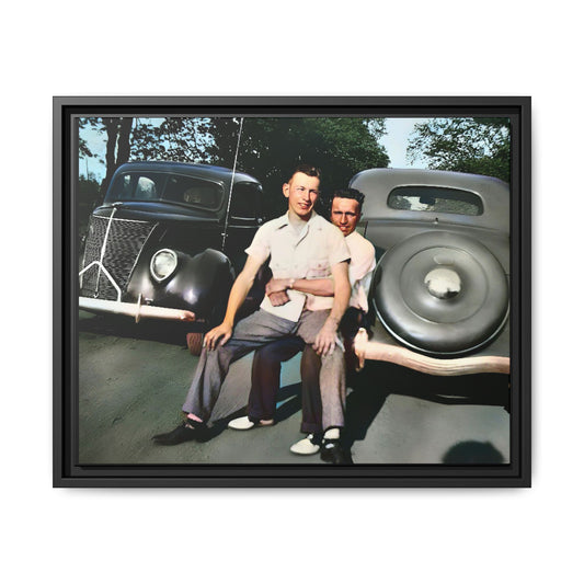 Restored vintage photograph of Andrew and Eugene seated on a classic car bumper in 1930s Lincoln, Nebraska. Framed matte canvas print celebrating LGBTQ+ history, love, and timeless companionship. Gay Couple
