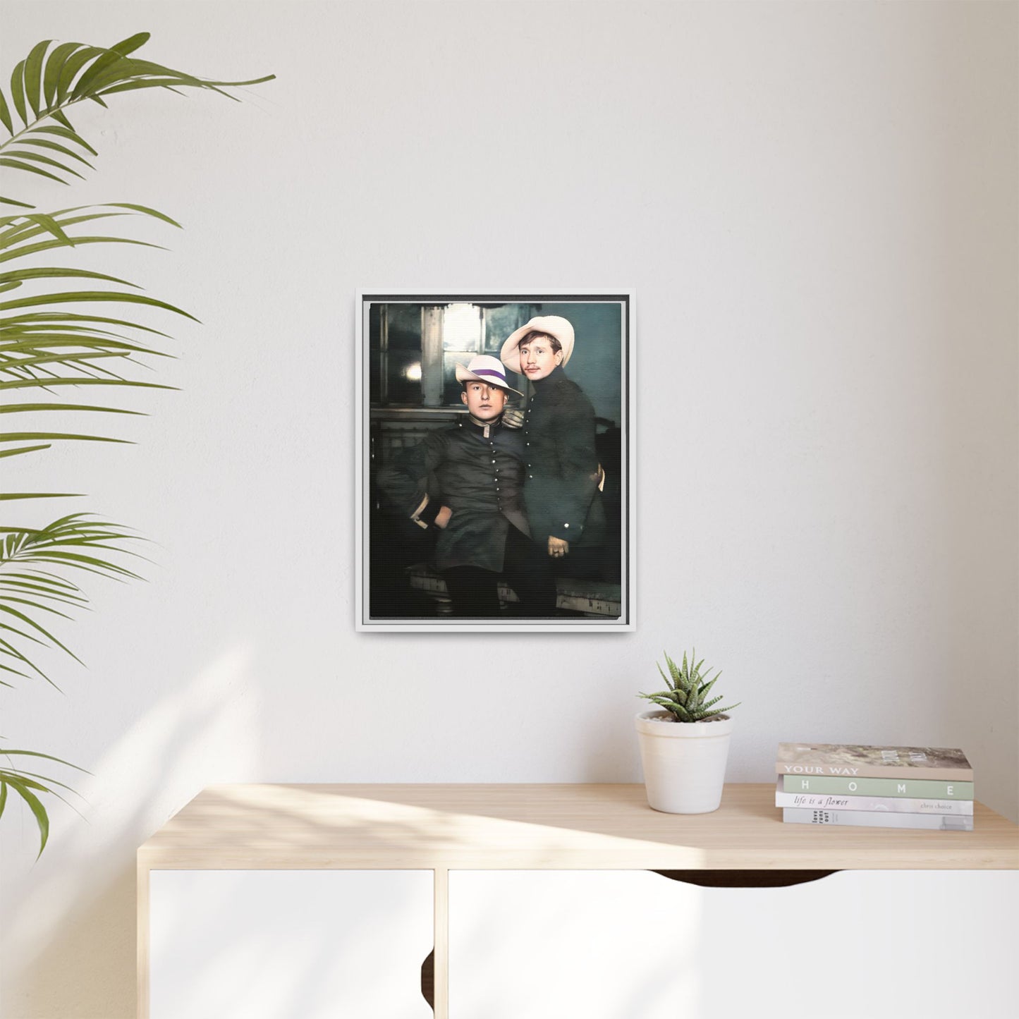 Restored vintage photograph of Flavio and Eustolio, an early 20th-century Gay military couple from El Paso, Texas. Displayed as a framed matte canvas print, showcasing timeless love and resilience