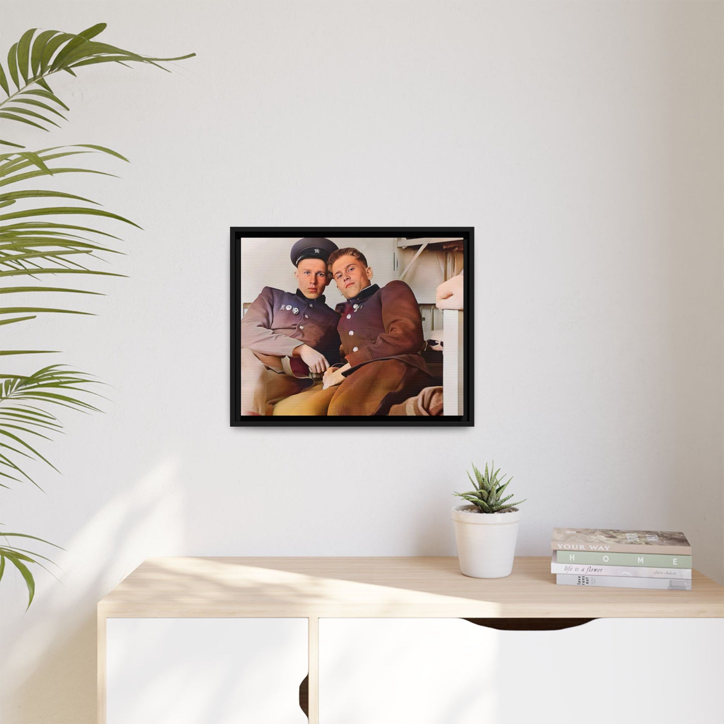 A restored vintage photograph of two Russian soldiers in uniform, seated together in their quarters in Volgograd, Russia. Their relaxed postures and warm expressions capture a moment of camaraderie, resilience, and military history. A powerful tribute to LGBTQ+ representation in the armed forces. Gay Couple Винтажное фото  гей-пара