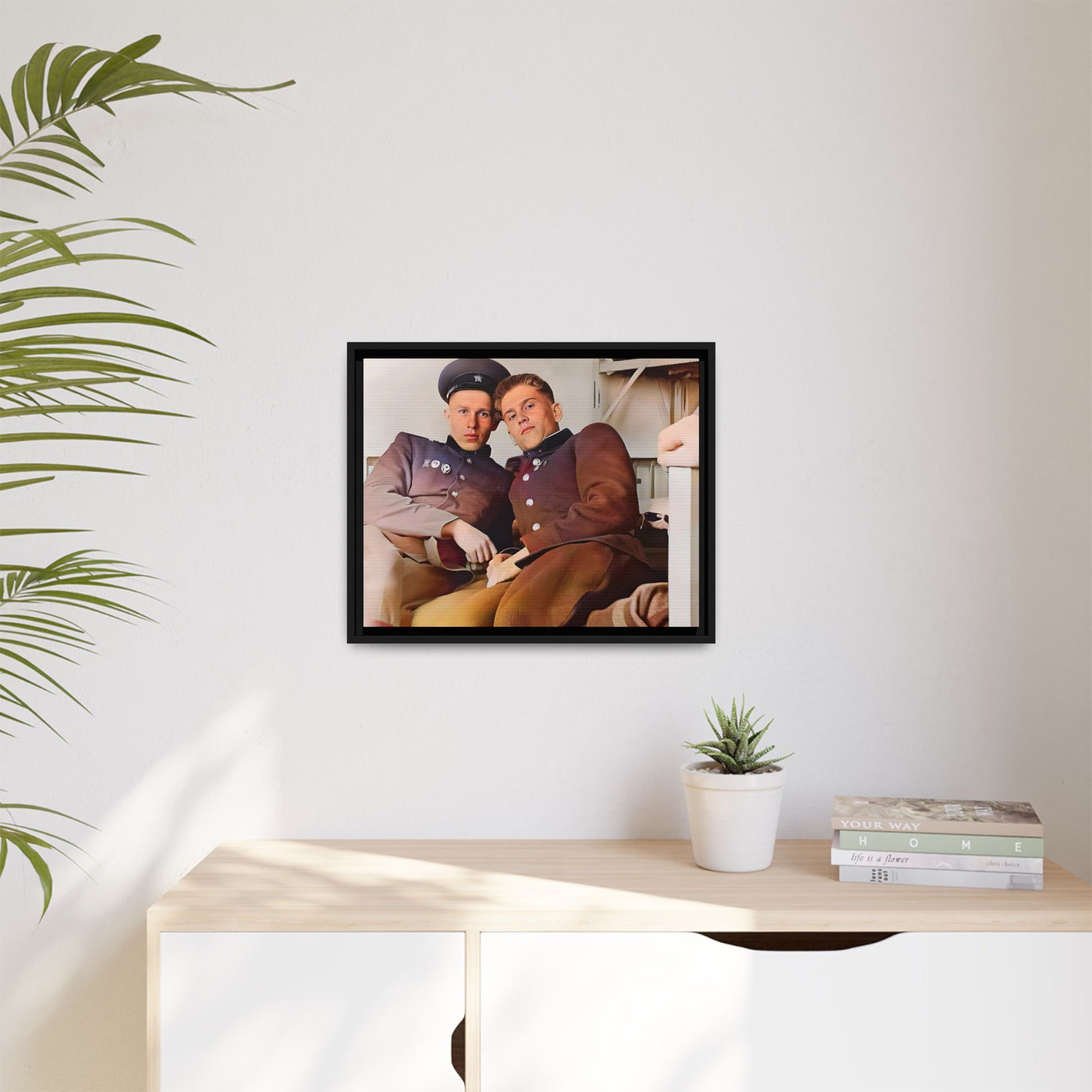 A restored vintage photograph of two Russian soldiers in uniform, seated together in their quarters in Volgograd, Russia. Their relaxed postures and warm expressions capture a moment of camaraderie, resilience, and military history. A powerful tribute to LGBTQ+ representation in the armed forces. Gay Couple Винтажное фото  гей-пара