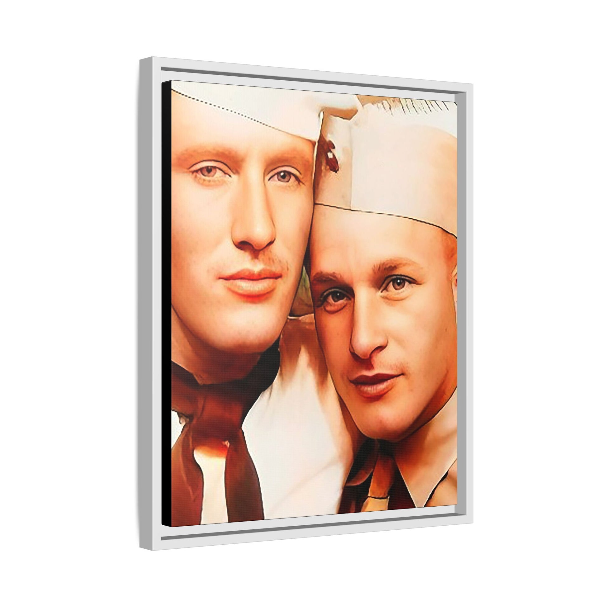 Vintage Gay photo booth portrait of Glenn & Sidney in Nantucket, MA. A heartwarming tribute to queer history, captured in a candid embrace. Available as a matte canvas print, perfect for celebrating love, identity, and nostalgia. Military Portrait