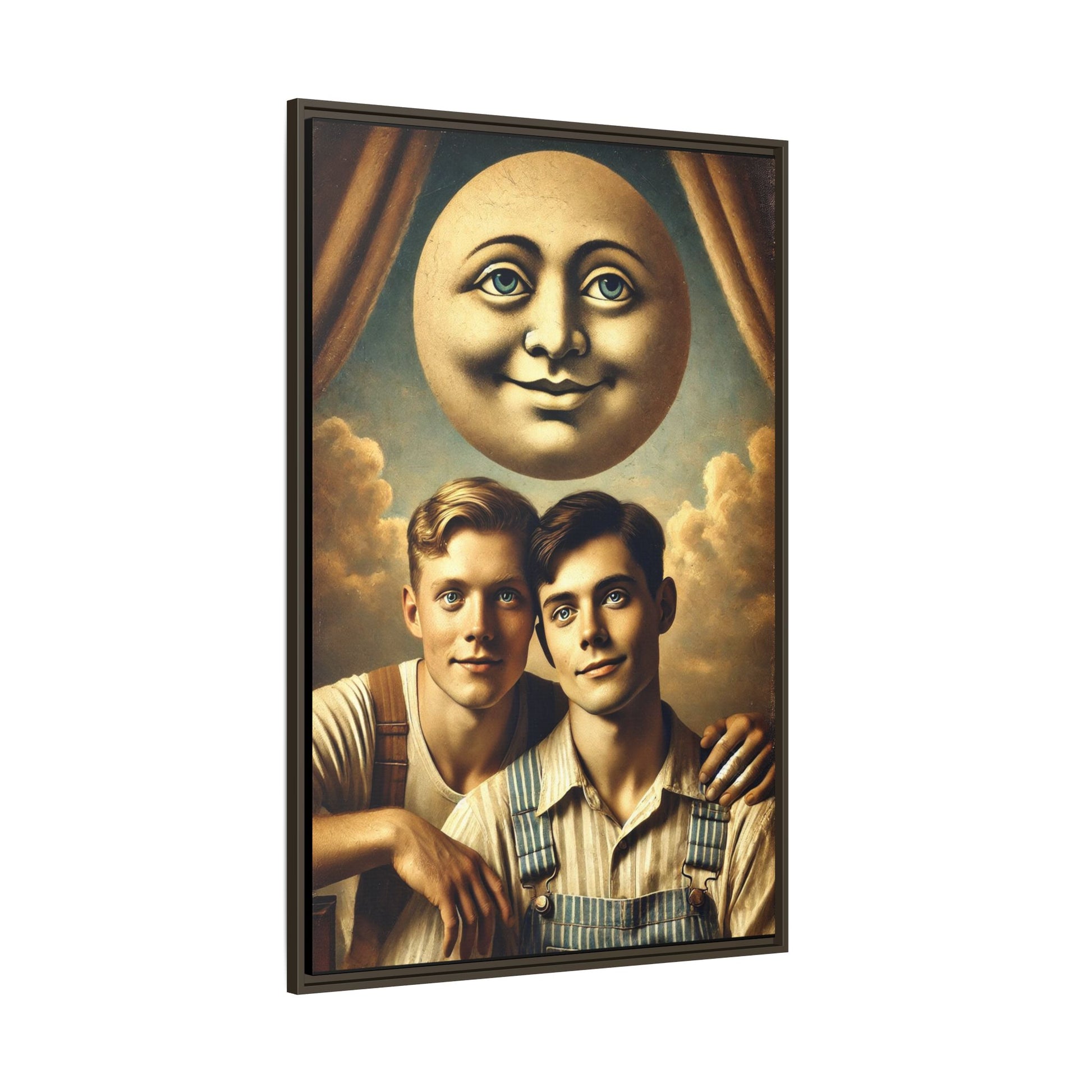 Framed matte canvas portrait featuring two young men in vintage overalls with a crescent moon prop above them. This artwork from the Missing Art Studies series reclaims LGBTQ+ imagery that may have been lost to bias, presenting warmth, intimacy, and presence.