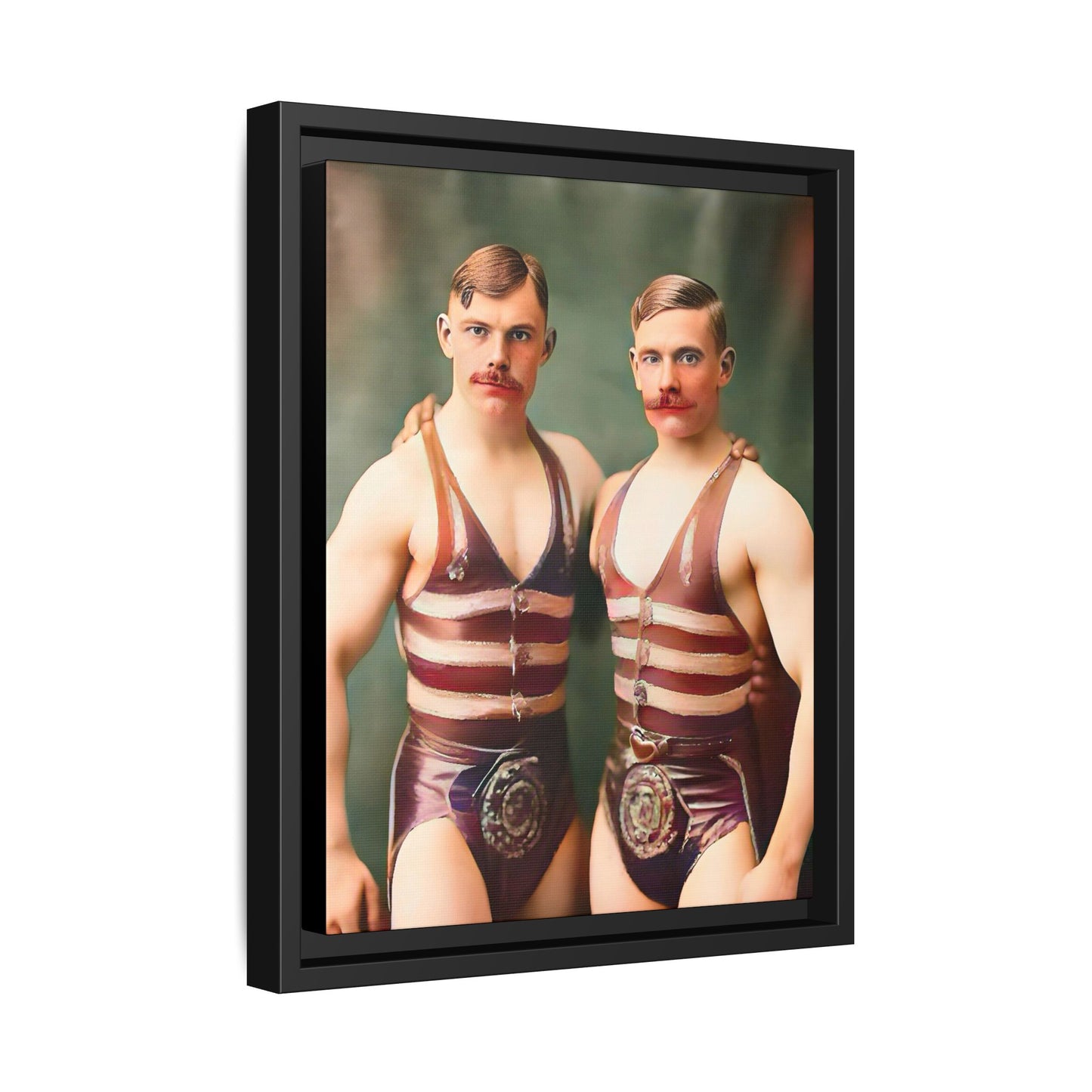 Restored early 1900s vintage photograph of Oscar and Herman in Pittsburgh, Pennsylvania, wearing striped singlets. Framed matte canvas art celebrating love, strength, and LGBTQ+ history. Gay Circus Couple Performers