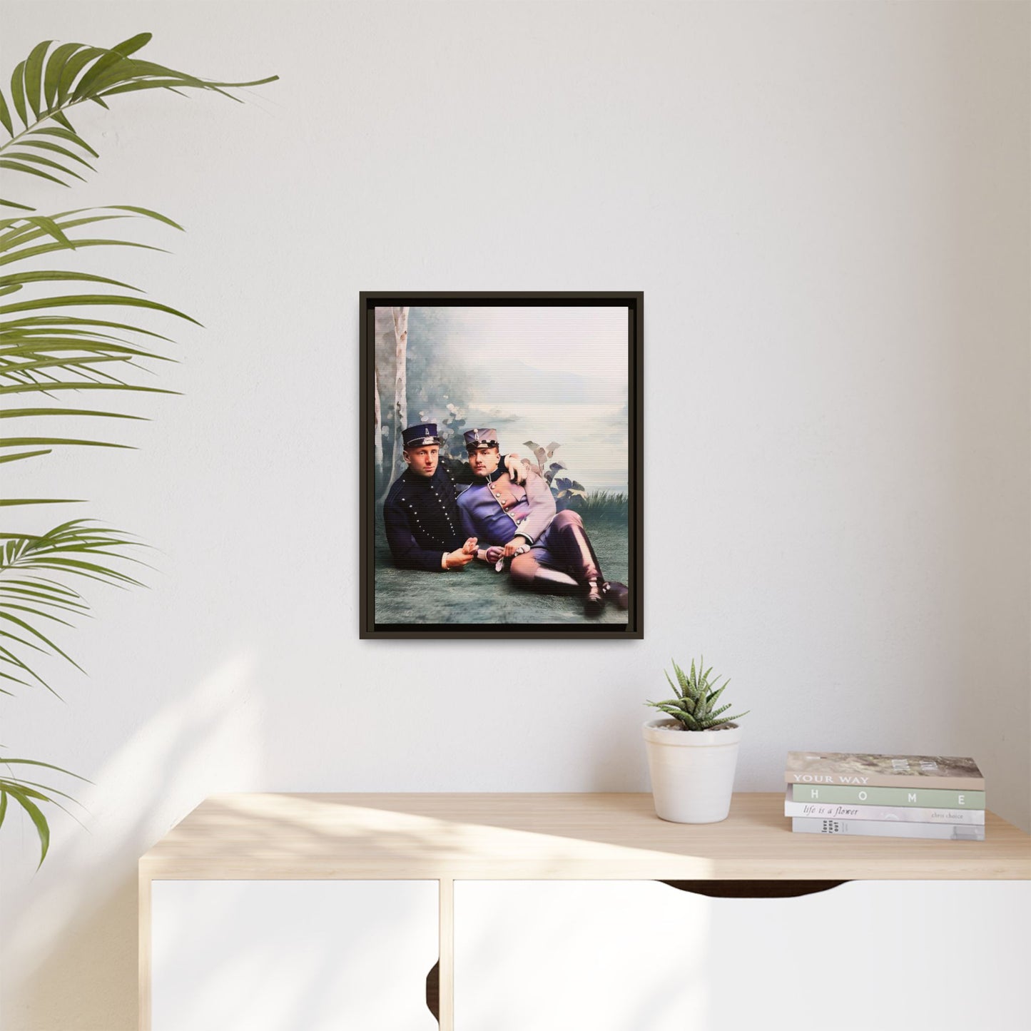 Restored early 1900s photo of Karl and Mats in Swedish military uniforms, reclining by a lakeside, celebrating LGBTQ+ love and history, framed as wall art. Gay Couple Vintage foto homosexuella par