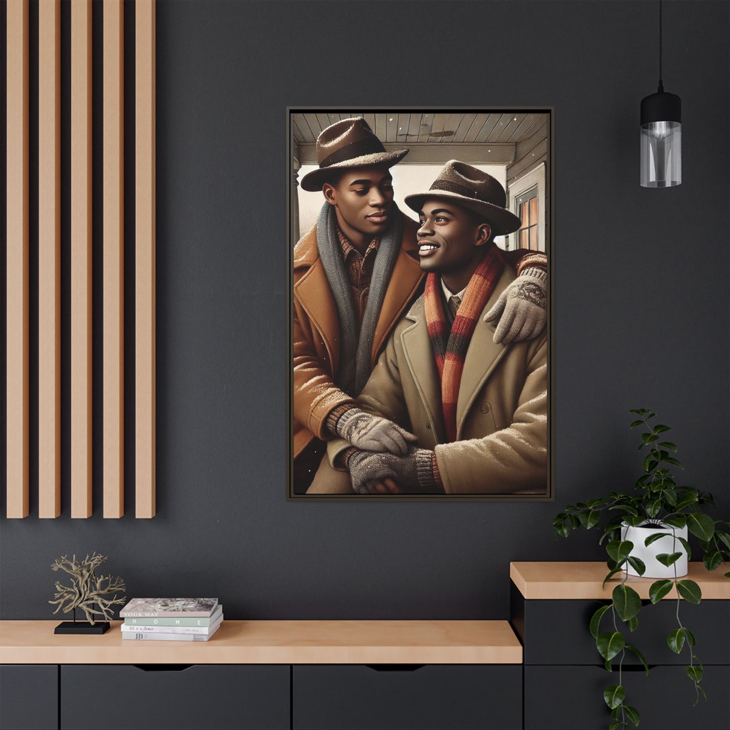 Artwork of an African-American gay couple sharing a cozy winter moment on a porch. Dressed in vintage winter attire with fedoras, scarves, and warm coats, they exchange affectionate gazes amidst softly falling snow, capturing love, warmth, and intimacy in a nostalgic winter setting.