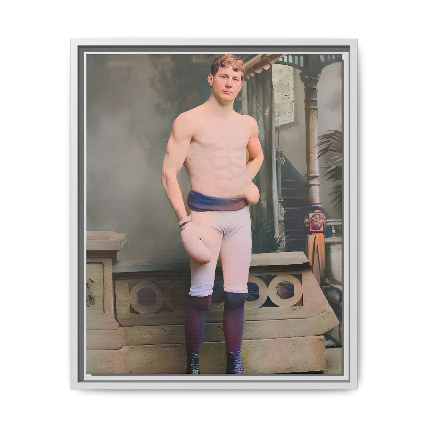 A striking vintage portrait of Otto, a historic Manhattan boxer in gloves and stance. This framed matte canvas print is ideal for boxing fans, sports history lovers, and collectors of retro athletic decor.