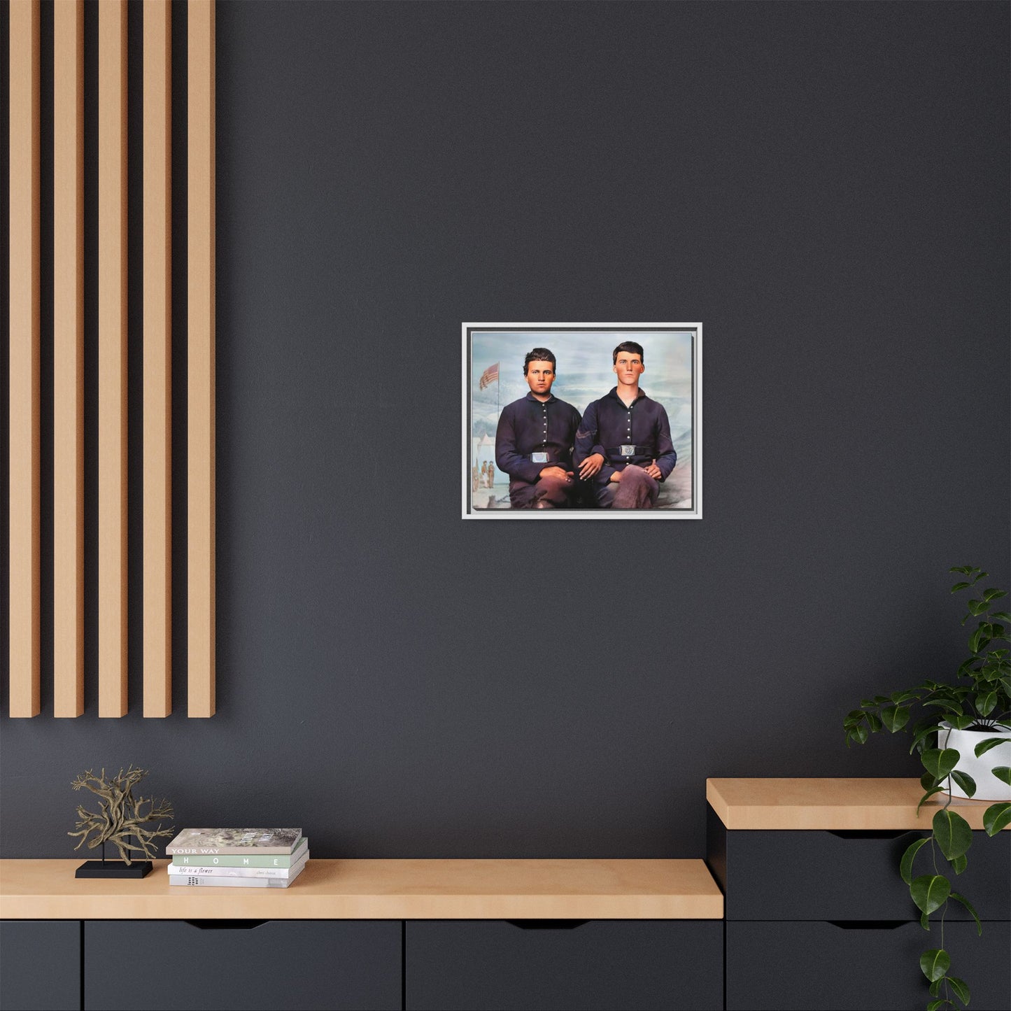 A framed vintage Civil War photo on matte canvas featuring two Union soldiers at Camp Curtin, honoring military history. Gay Couple
