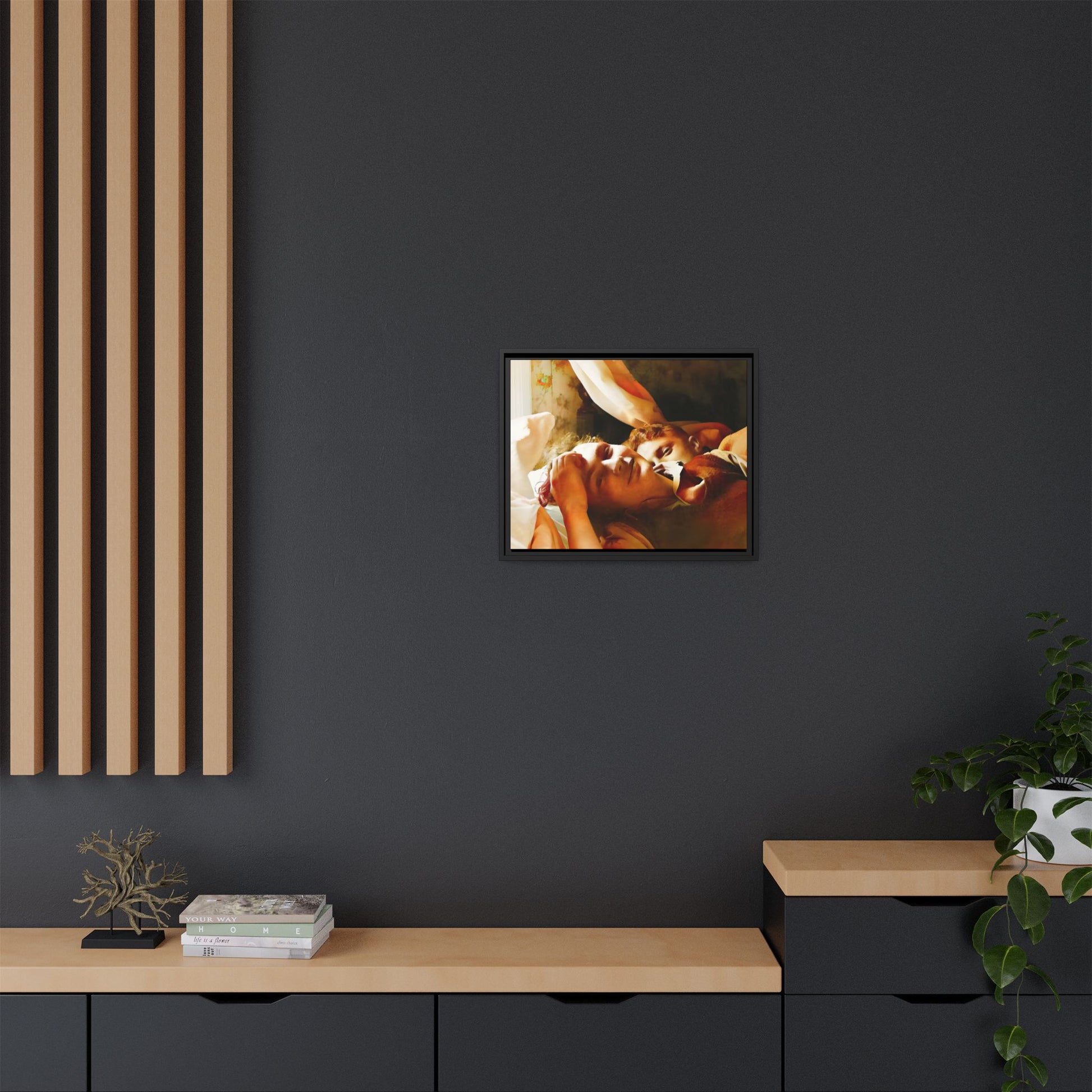 A heartwarming vintage portrait of Edwin and Floyd in Burlington, Vermont. This framed canvas print captures a quiet moment of LGBTQ+ love and intimacy, perfect for home decor, collectors, or as a sentimental gift celebrating timeless affection.
