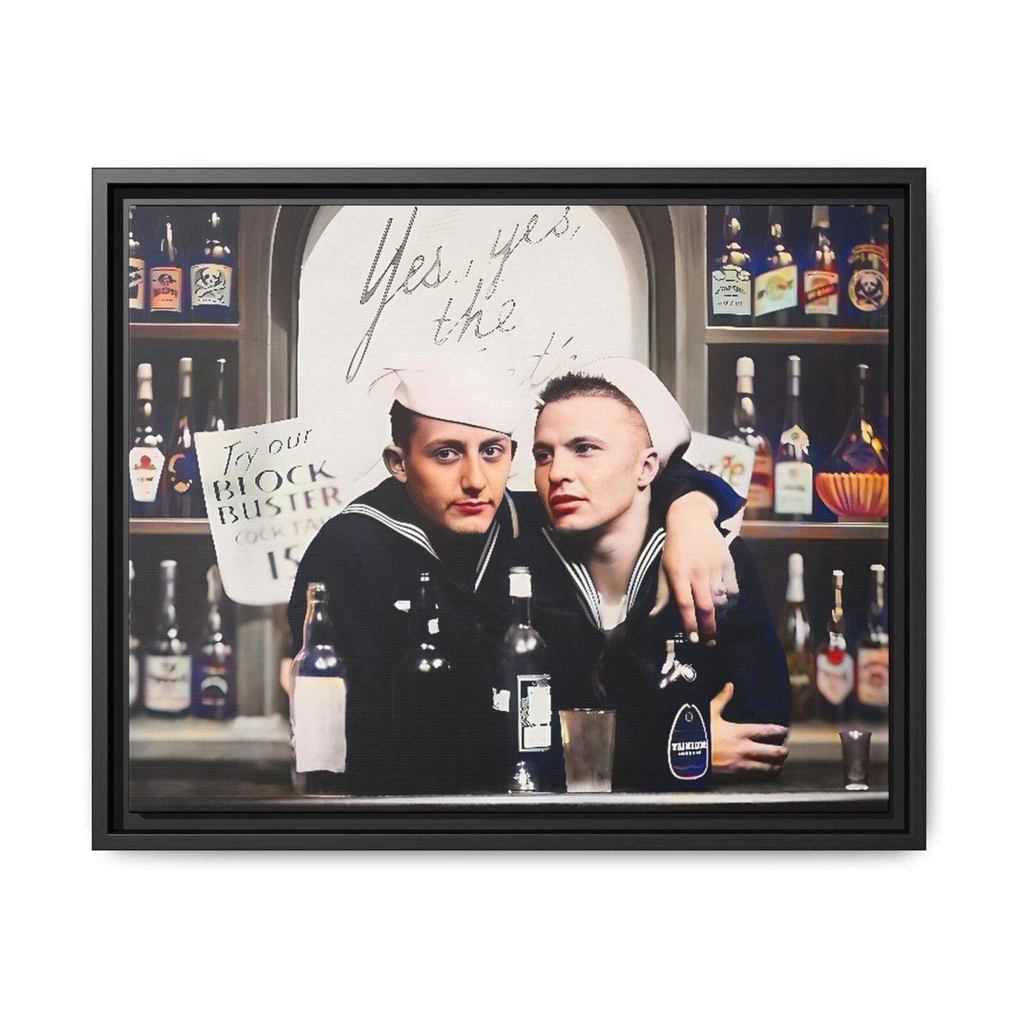 A restored vintage photo of Matt & Cory at Naval Air Station Alameda, CA. This framed matte canvas print captures camaraderie, LGBTQ+ history, and the spirit of military service, making it a unique and nostalgic keepsake for history lovers. Gay Couple Sailors