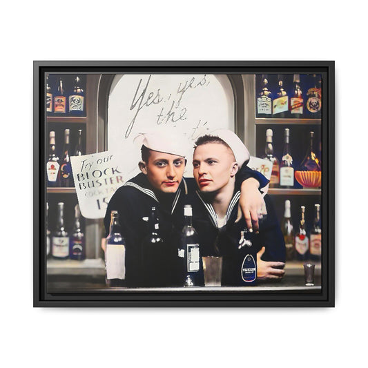 A restored vintage photo of Matt & Cory at Naval Air Station Alameda, CA. This framed matte canvas print captures camaraderie, LGBTQ+ history, and the spirit of military service, making it a unique and nostalgic keepsake for history lovers. Gay Couple Sailors