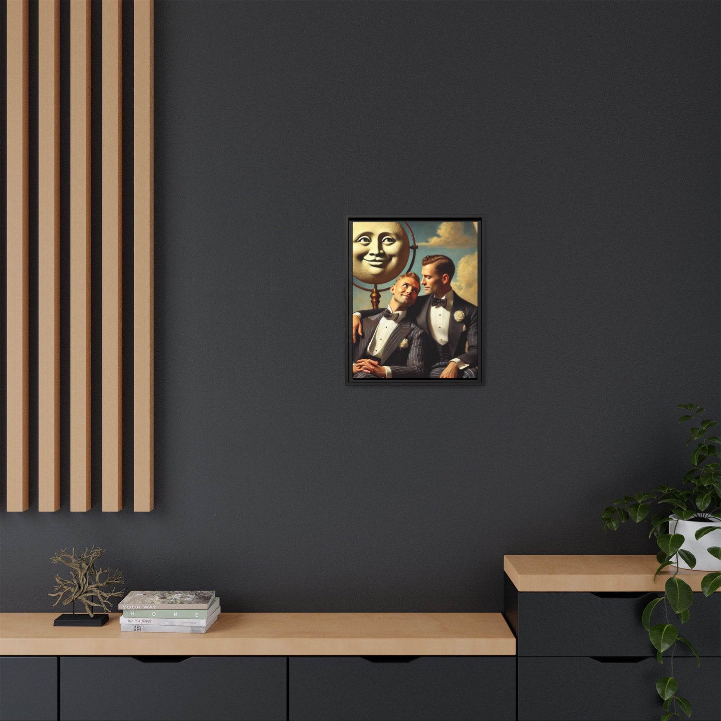 Framed matte canvas portrait featuring two young men in vintage overalls with a crescent moon prop above them. This artwork from the Missing Art Studies series reclaims LGBTQ+ imagery that may have been lost to bias, presenting warmth, intimacy, and presence.