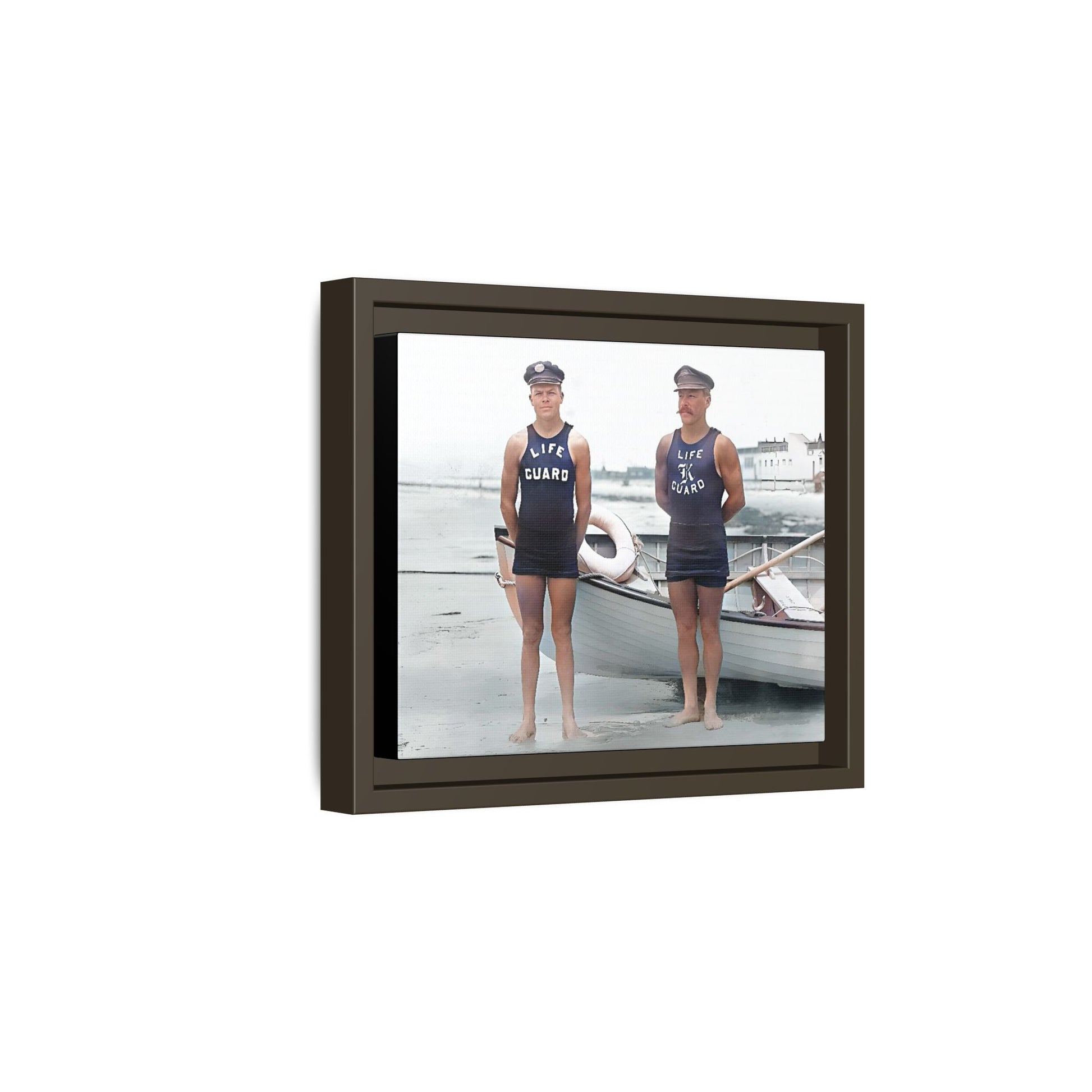 A nostalgic framed canvas print of vintage lifeguards in Cape May, NJ. This coastal artwork captures the charm of early 20th-century beach life, making it perfect for lovers of maritime history, seaside decor, and Americana enthusiasts.