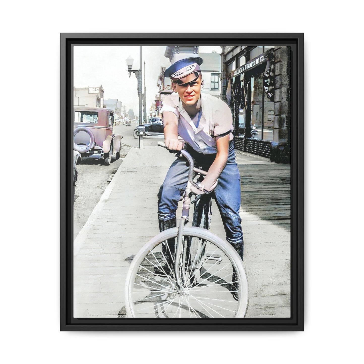 A framed vintage portrait on matte canvas featuring Cecil in Elk City, Oklahoma, capturing the spirit of 1930s small-town Americana. Classic Bicycle Photo