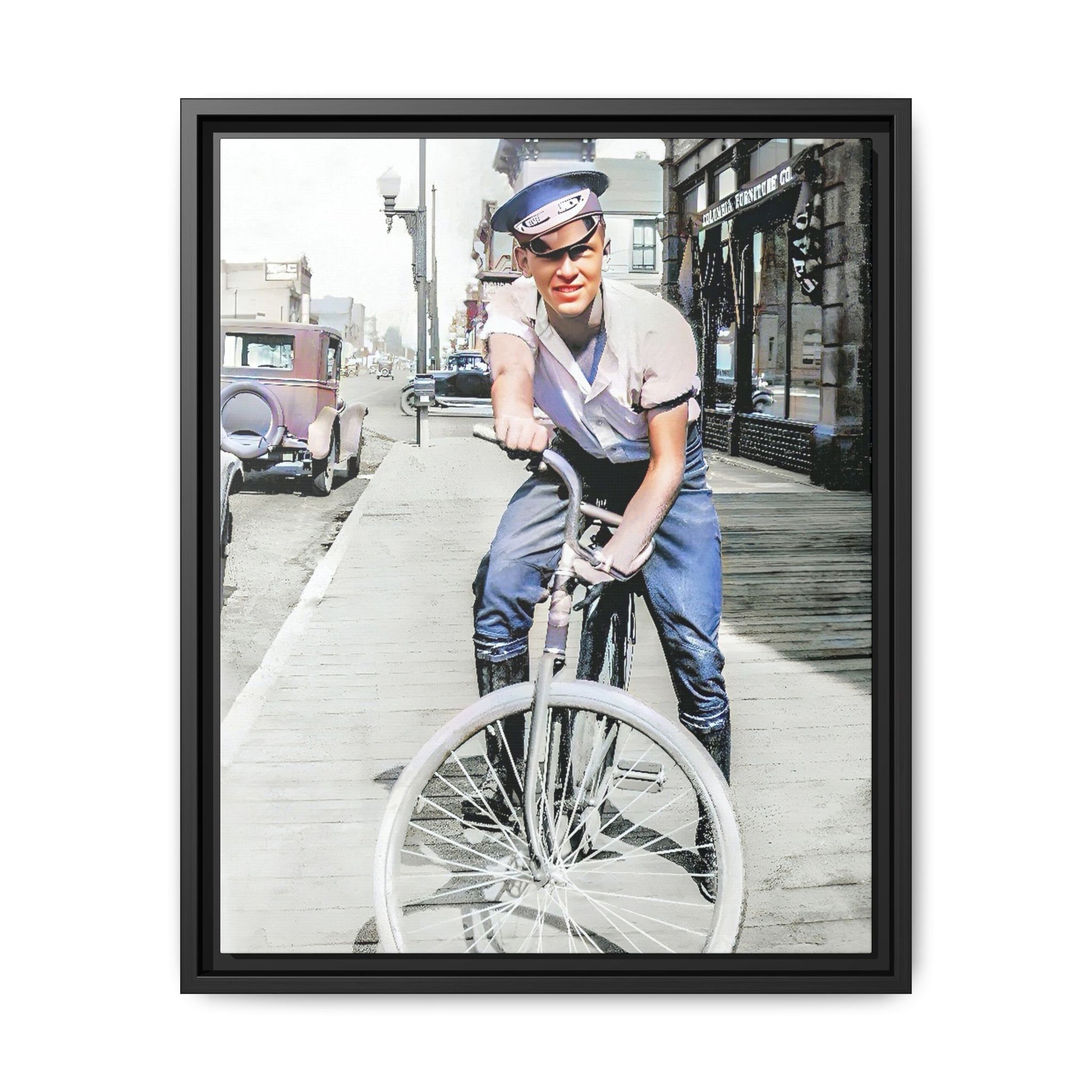 A framed vintage portrait on matte canvas featuring Cecil in Elk City, Oklahoma, capturing the spirit of 1930s small-town Americana. Classic Bicycle Photo